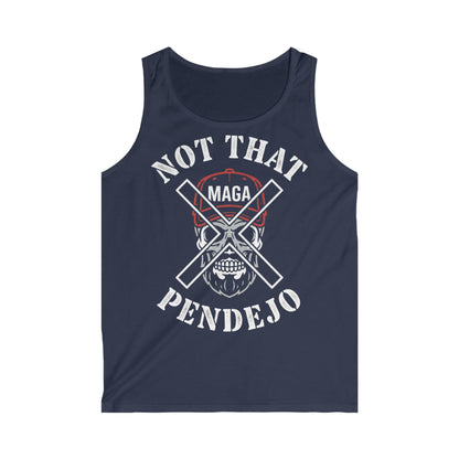 Navy blue tank top with skull and "Not That MAGA Pendejo" text.