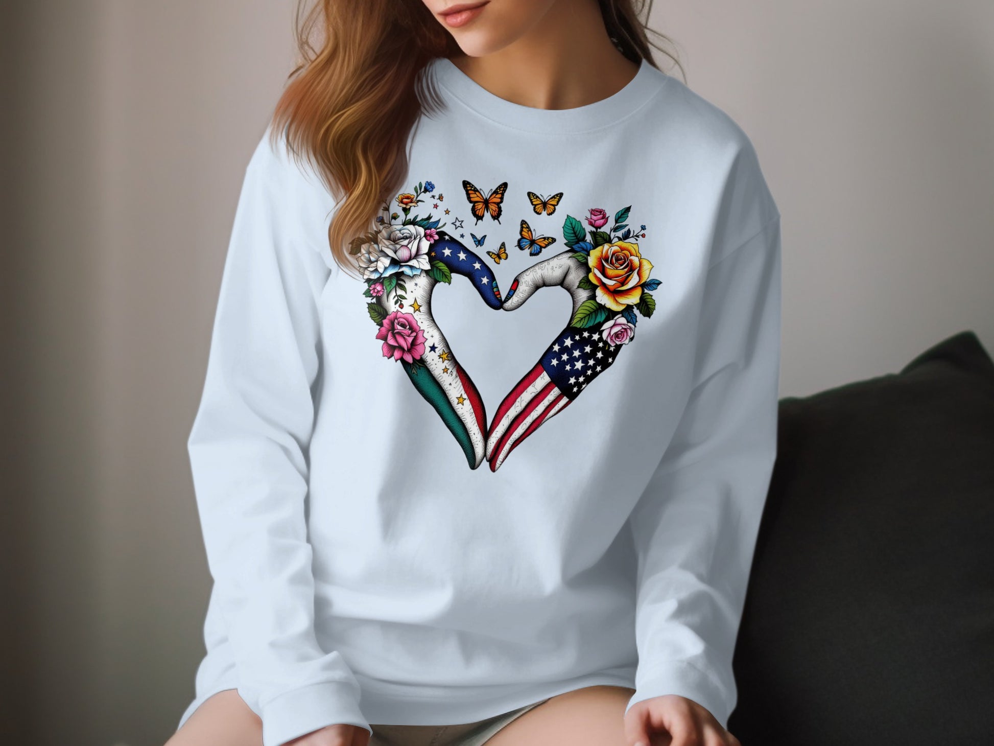 Heart Shaped USA Mexico Flag and Flowers Sweatshirt