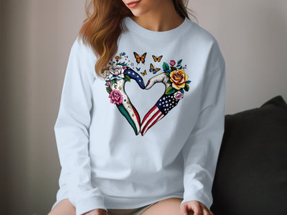 Heart Shaped USA Mexico Flag and Flowers Sweatshirt