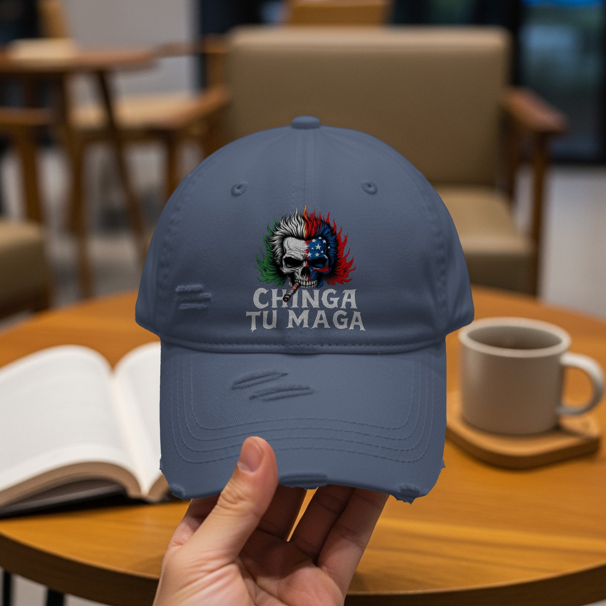 Chinga Tu Maga Distressed Denim Look Dad Hat product
