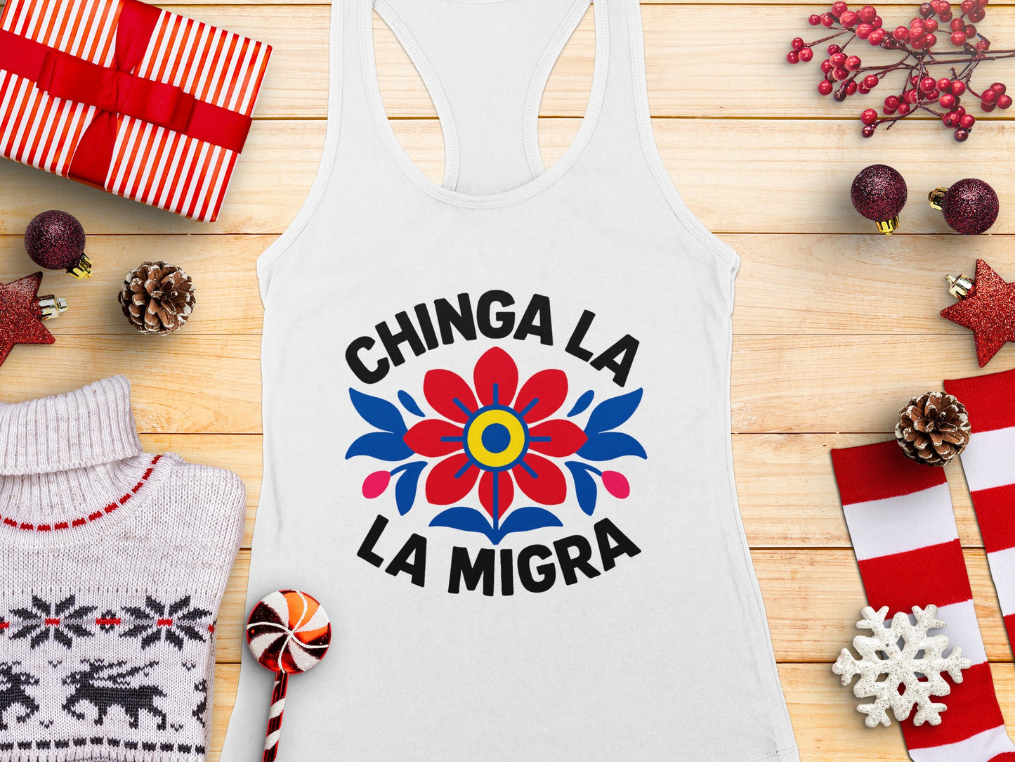 Chinga La Migra festive floral tank top product