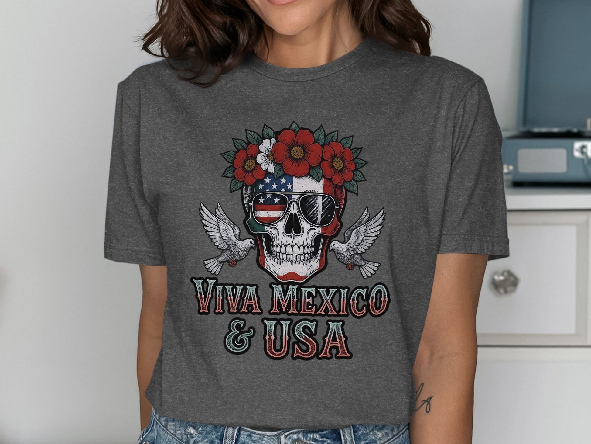 Viva Mexico USA Skull Graphic Tee Shirt product