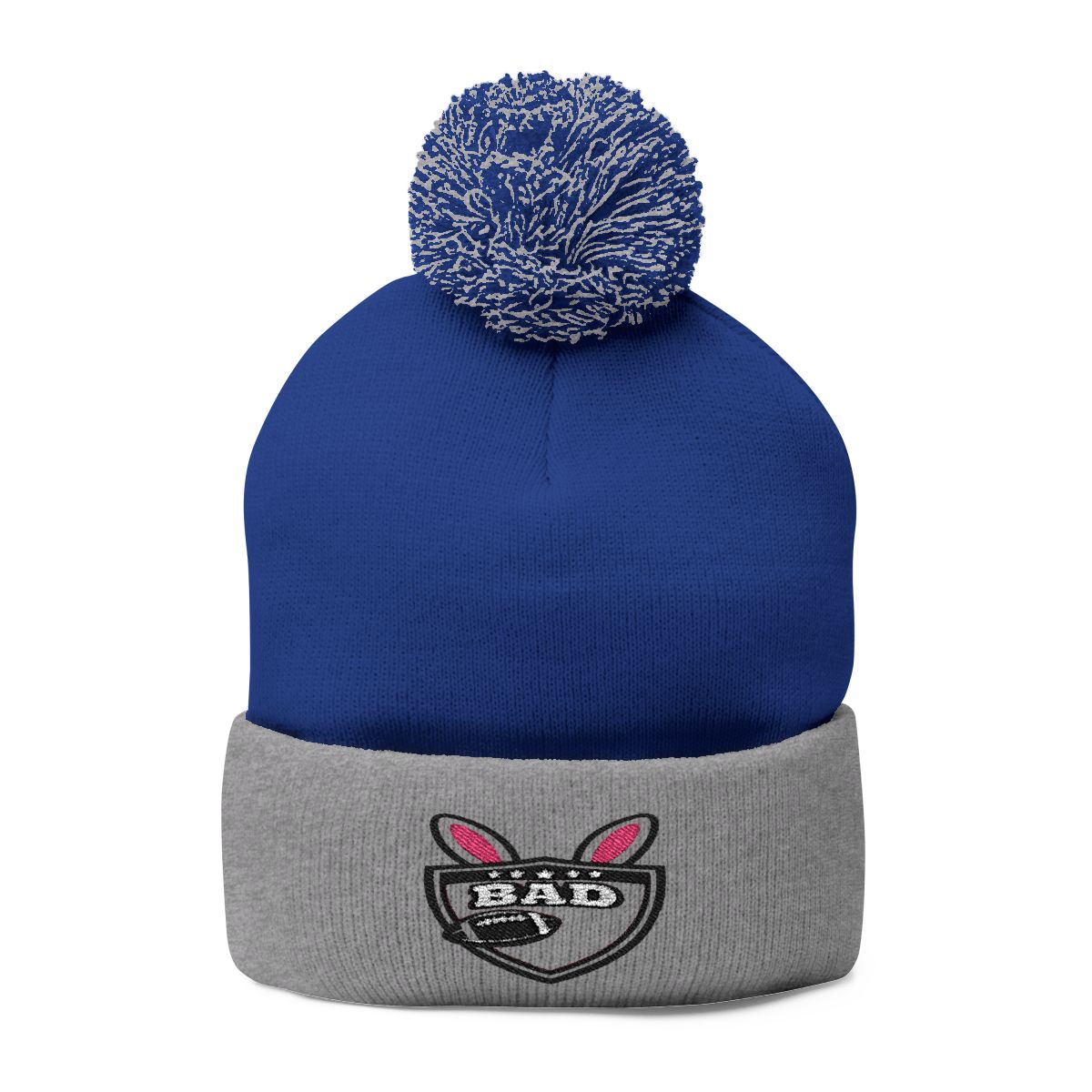 Blue and Gray BÄD Beanie with Pom Pom Football Team Hat