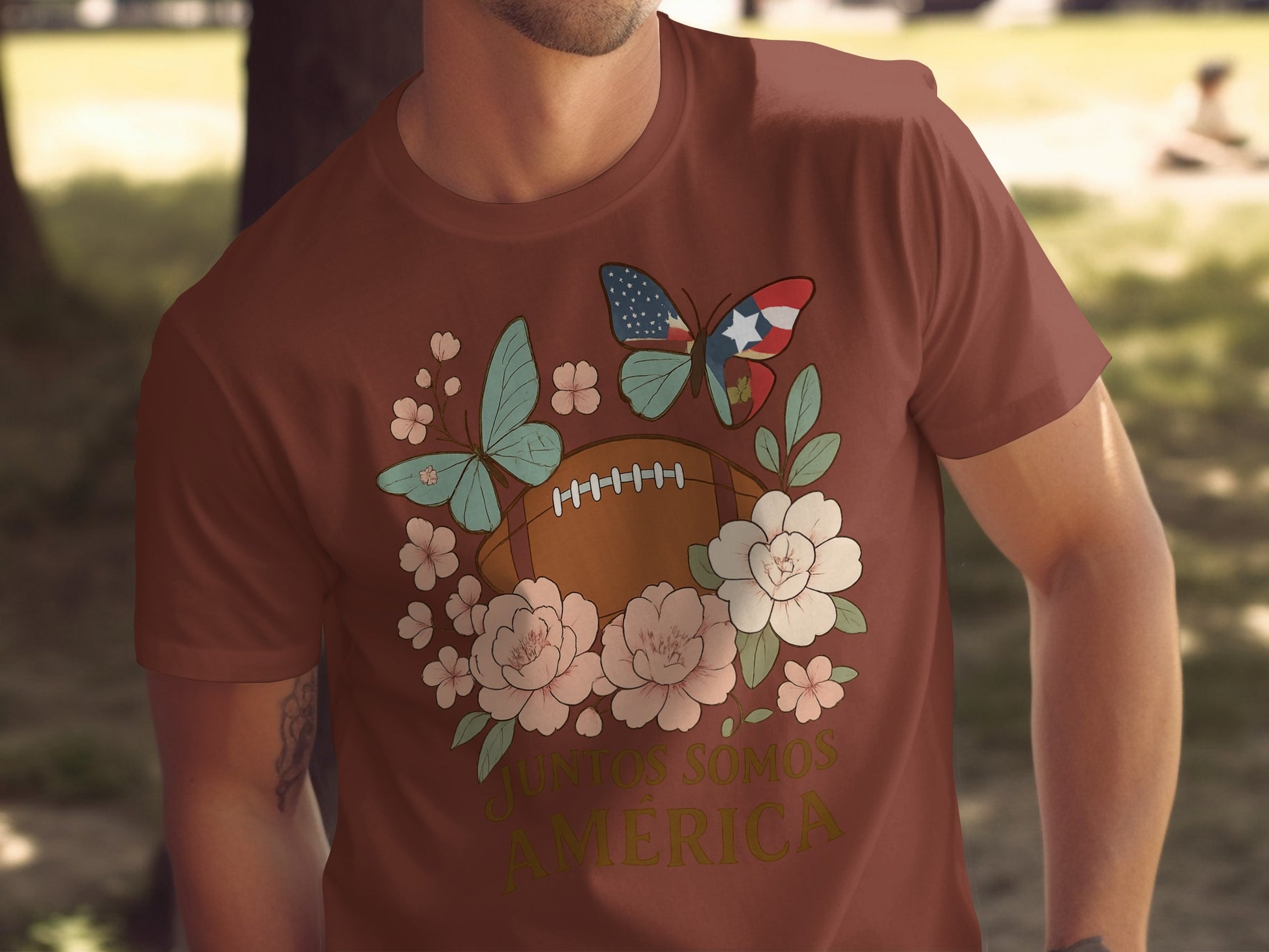 Juntos Somos América Football Butterfly Floral T-shirt
