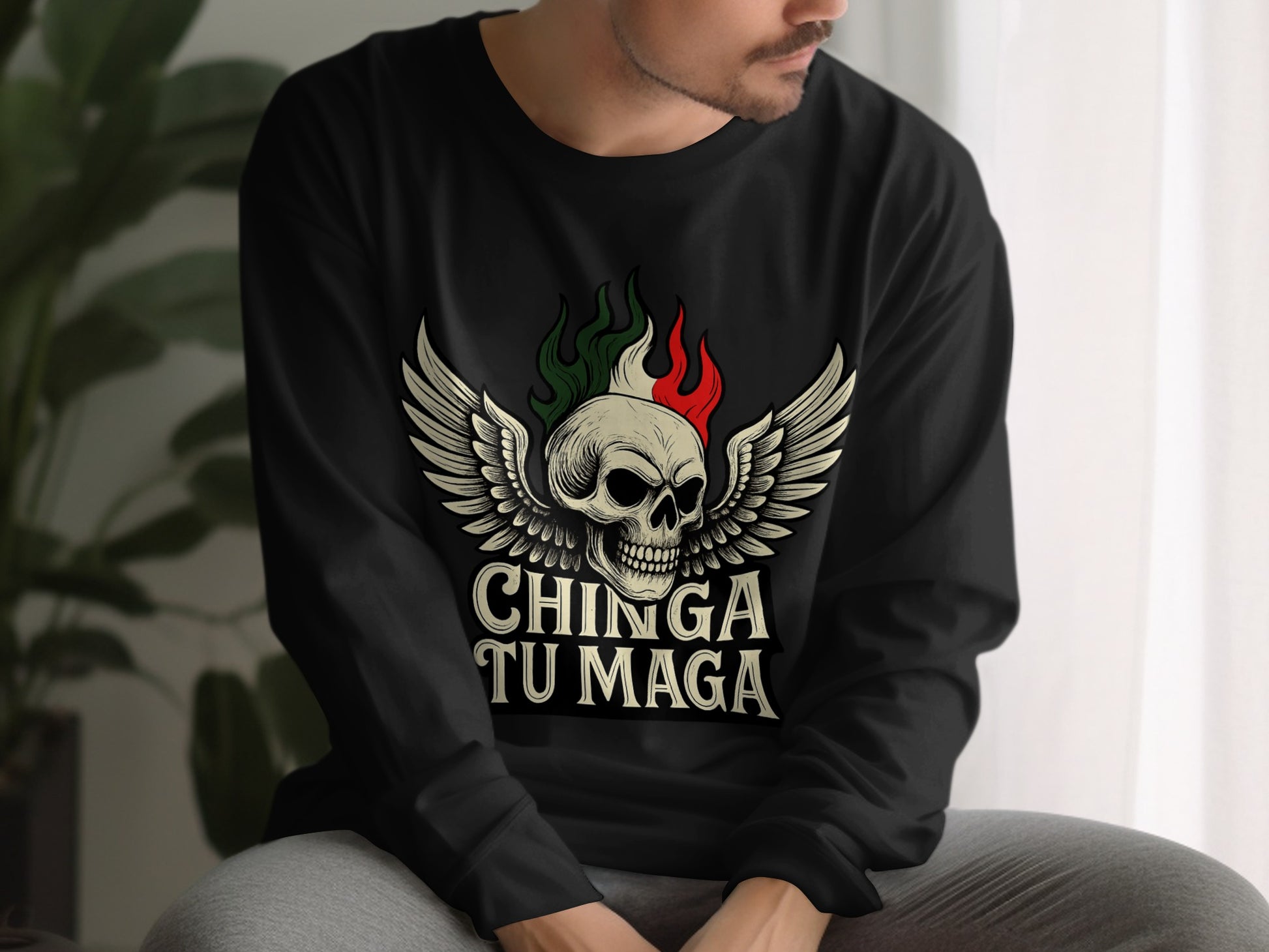 Chinga Tu Maga Skull Graphic Long Sleeve Shirt