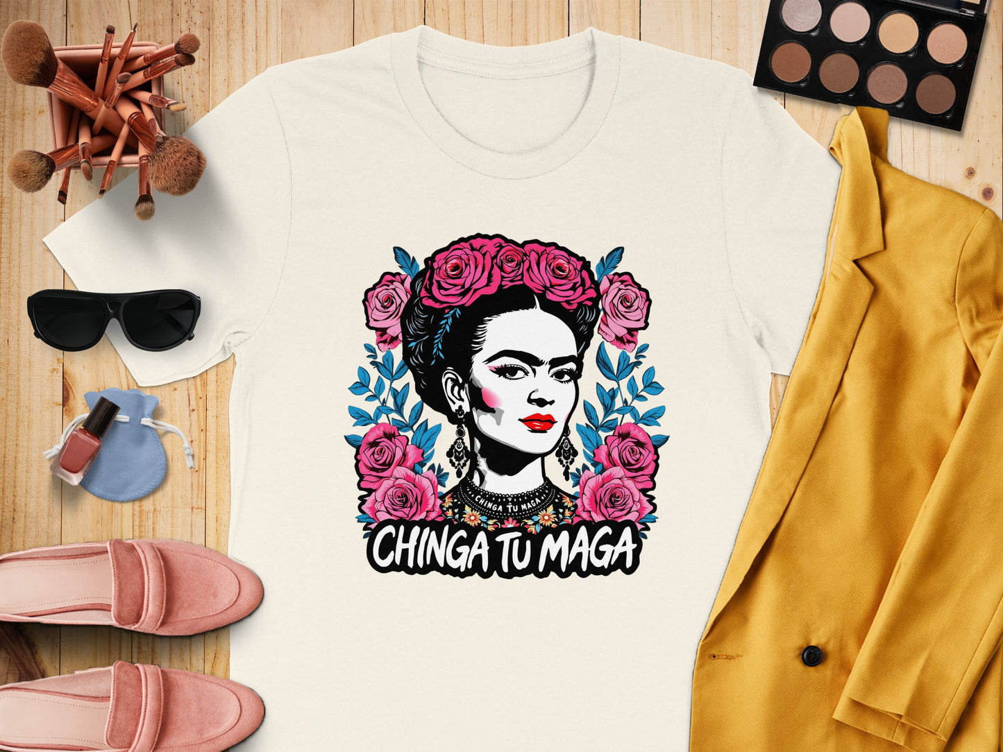 Bold Frida Kahlo Graphic Tee with Roses