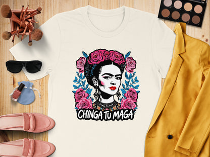 Bold Frida Kahlo Graphic Tee with Roses