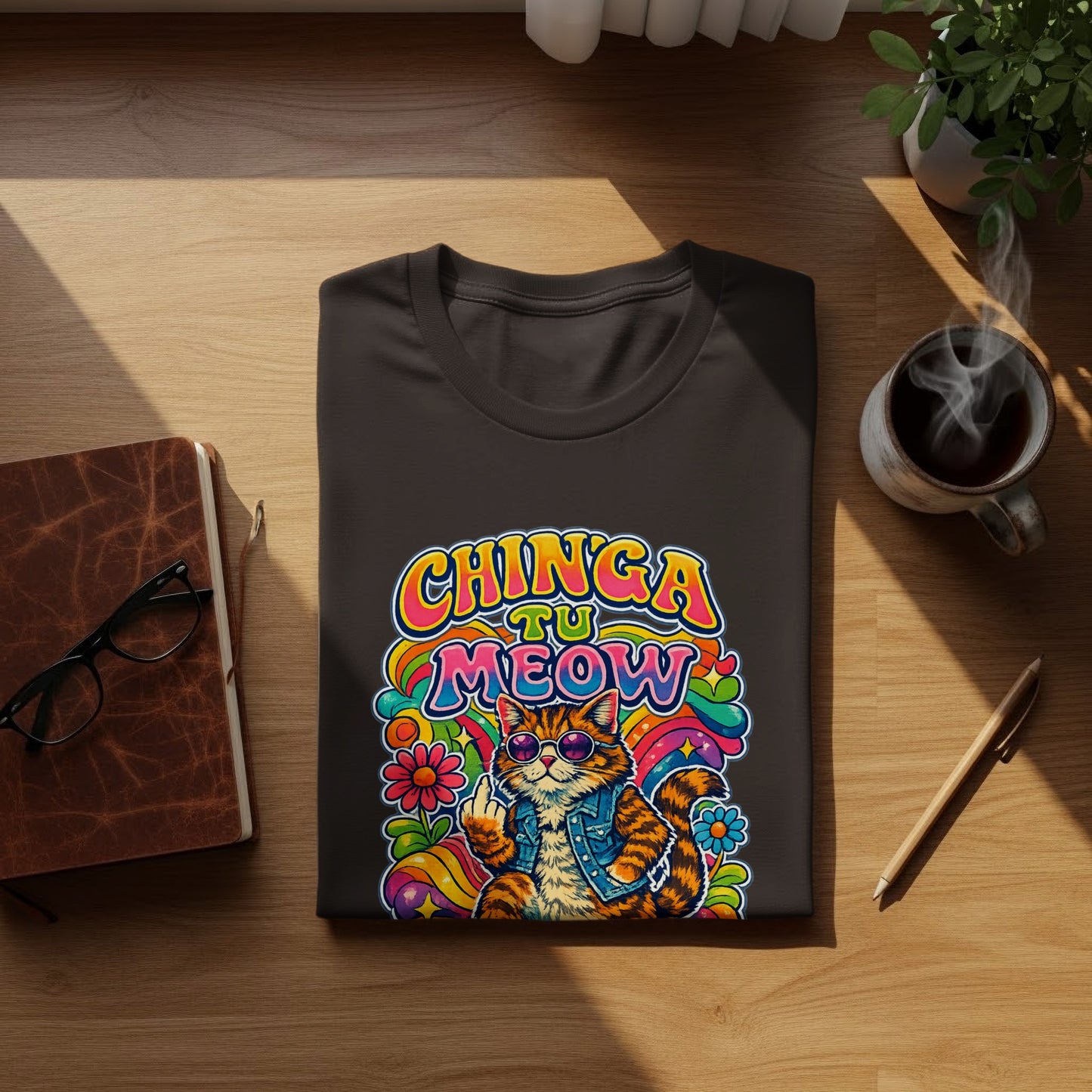 Chinga Tu Meow Psychedelic Cat Sunglasses T-Shirt
