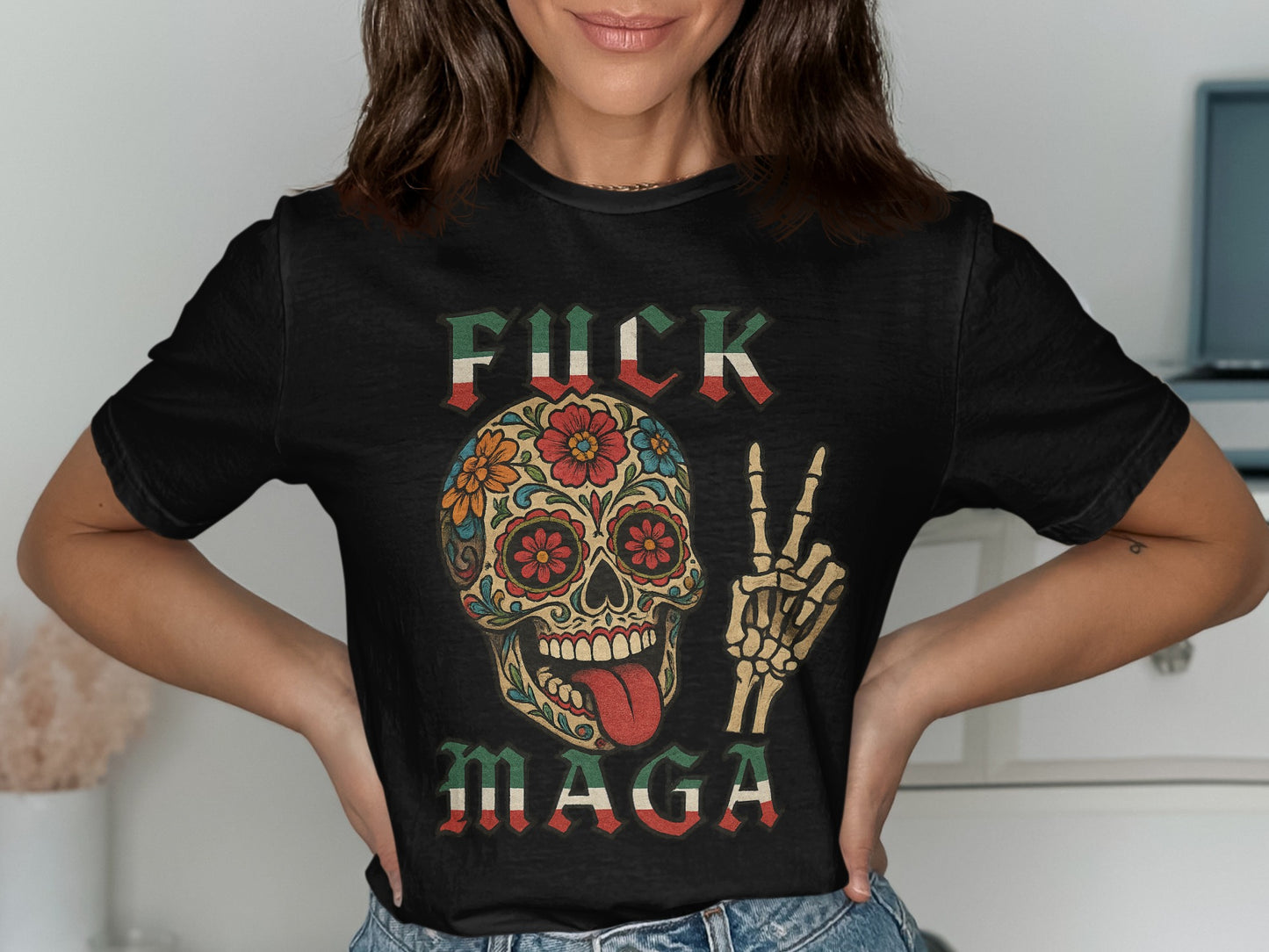 Colorful Skull Design Fuck Maga T Shirt product