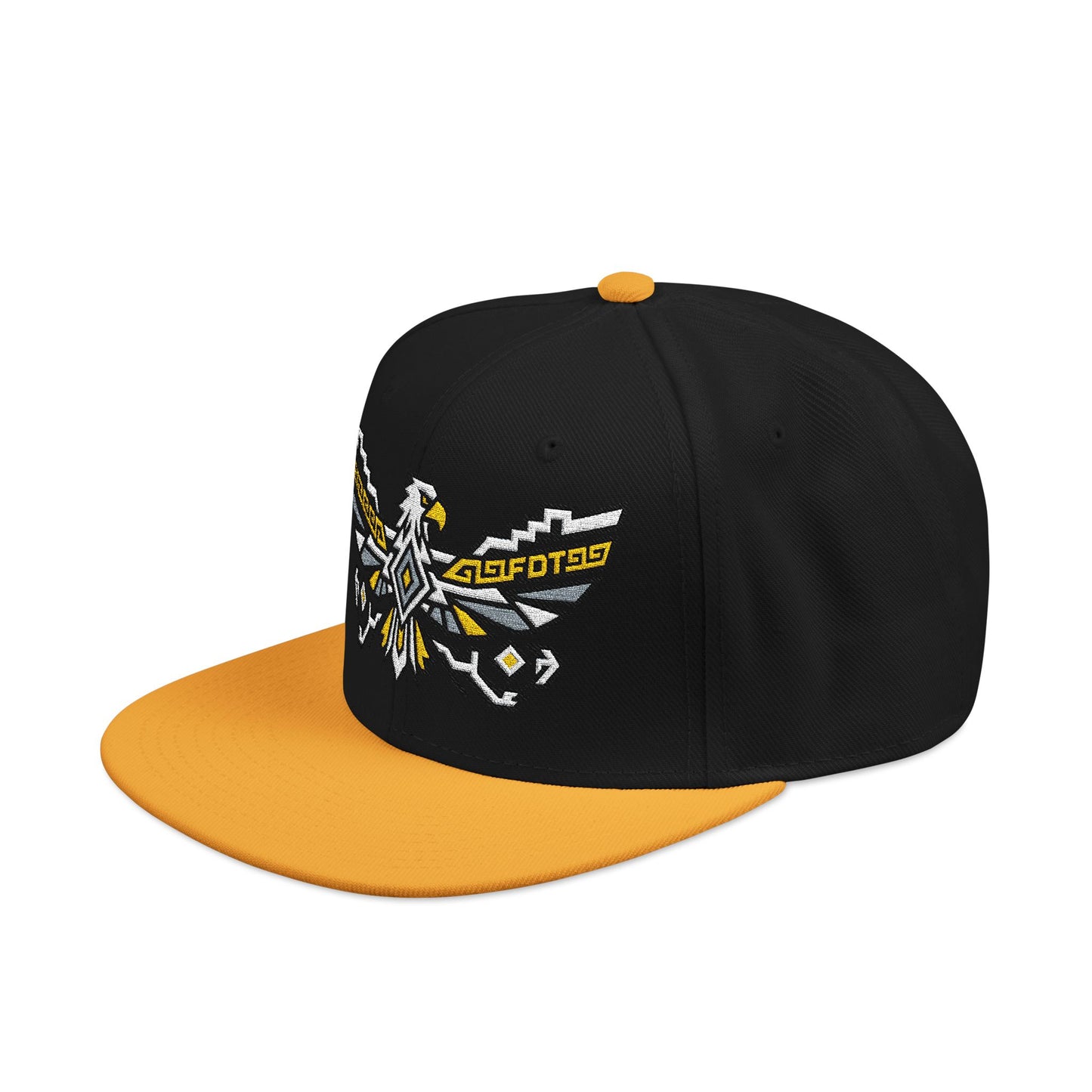 Black snapback hat with yellow brim and embroidered eagle design with text.