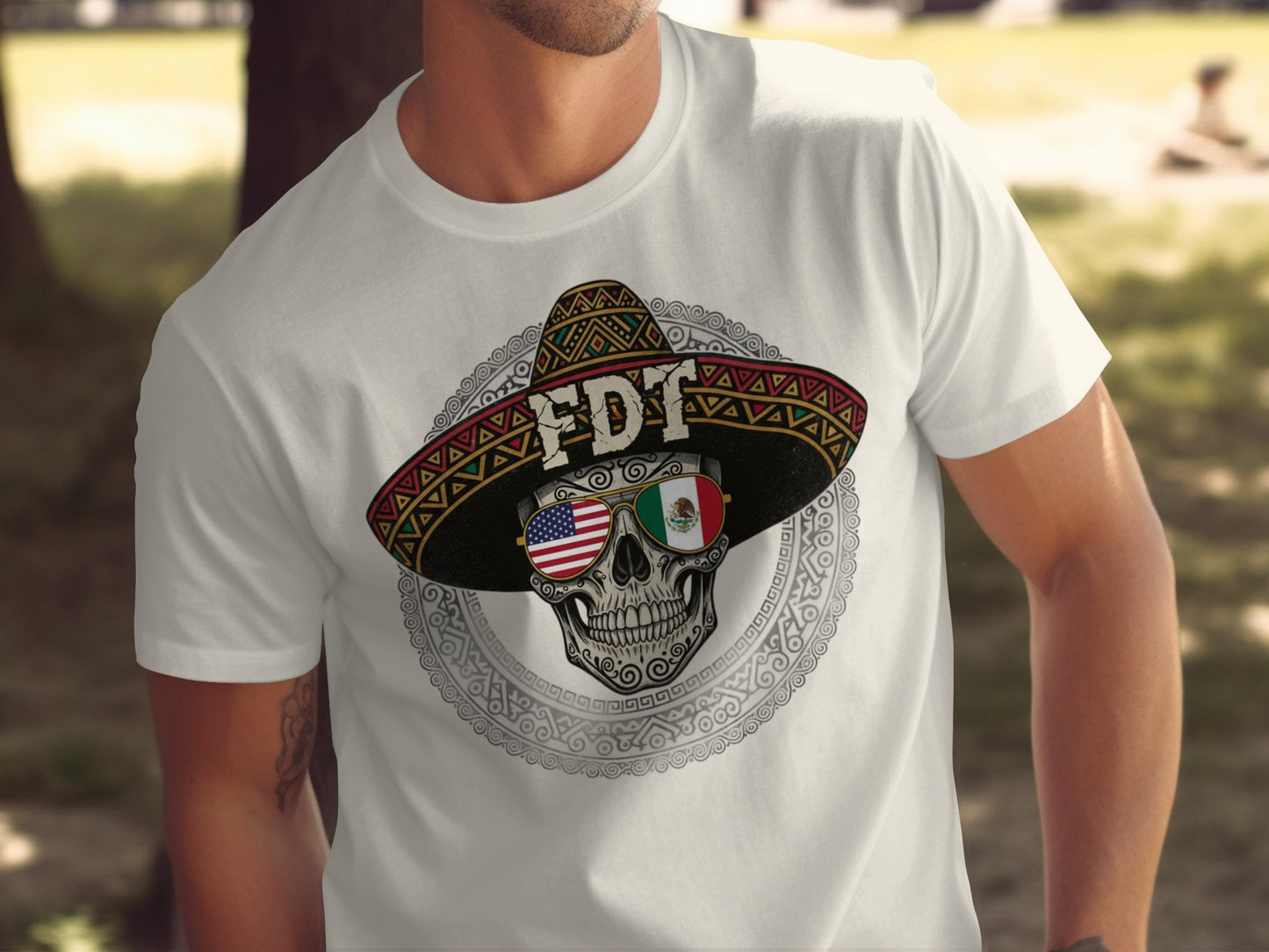 Skull Hat Design Shirt with USA and Mexico Flags