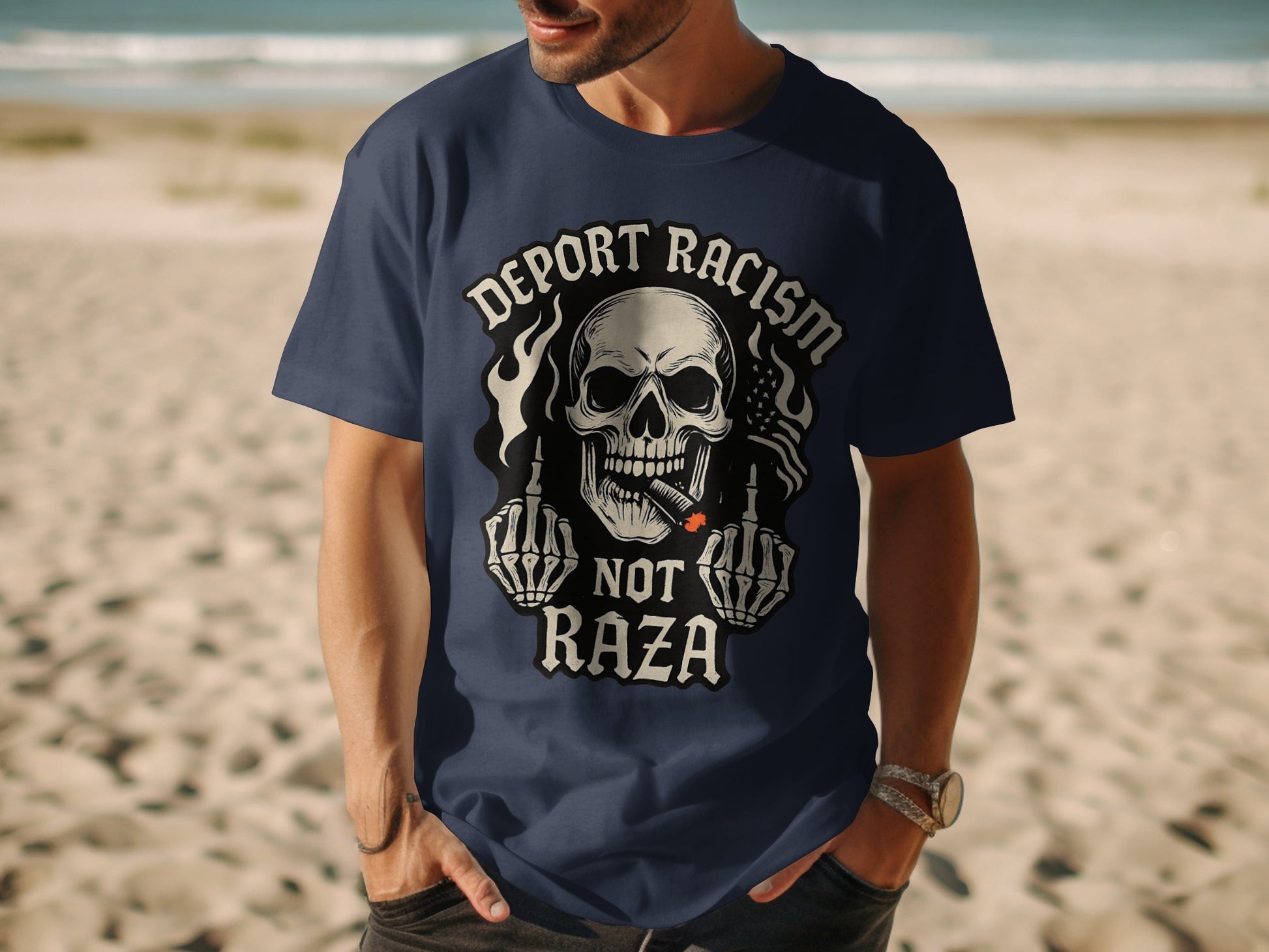 Deport Racism Not Raza Skull Graphic Design Product