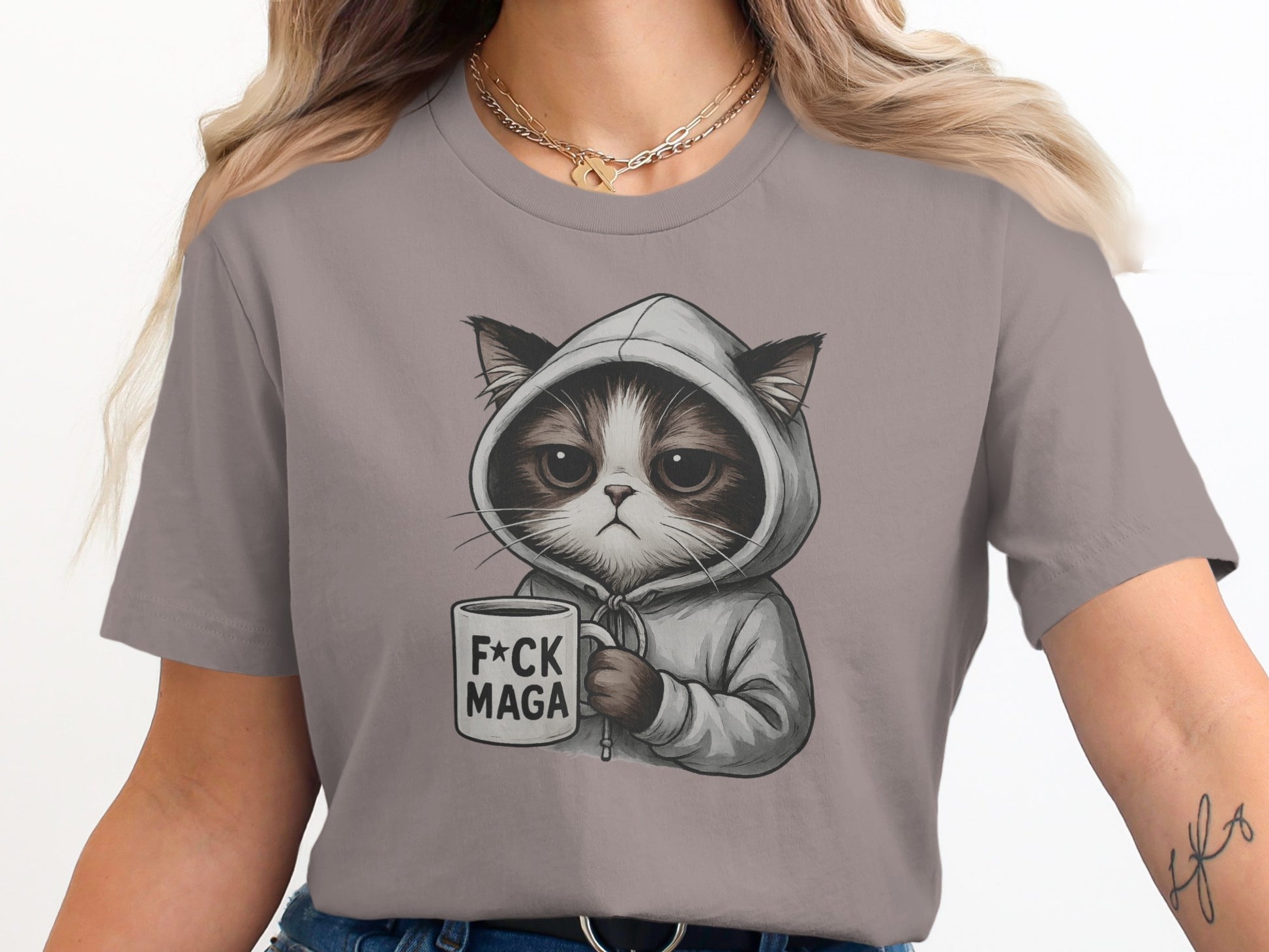 Adorable Cat in Hoodie Holding Mug Graphic Tee