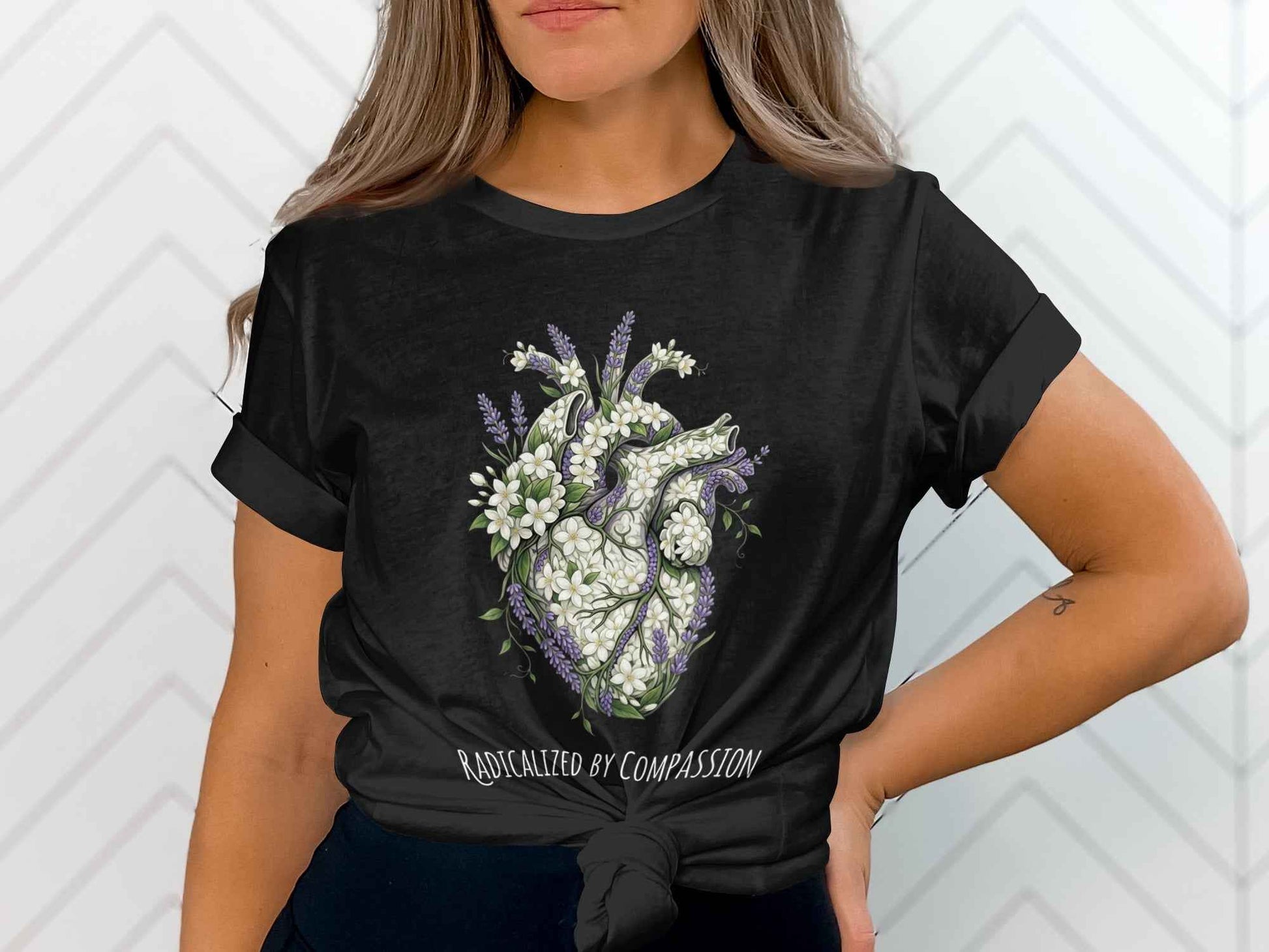 Botanical Anatomical Heart T-Shirts, Radicalized By Compassion Tee, Floral Lavender Jasmine Design, Empathy Kind Spirit Gift