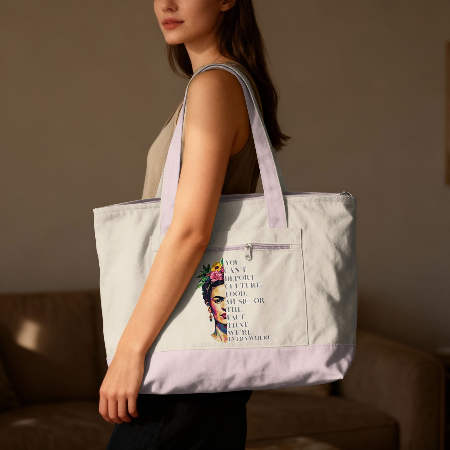Tote bag with Frida Kahlo art and quote "You can't deport culture."