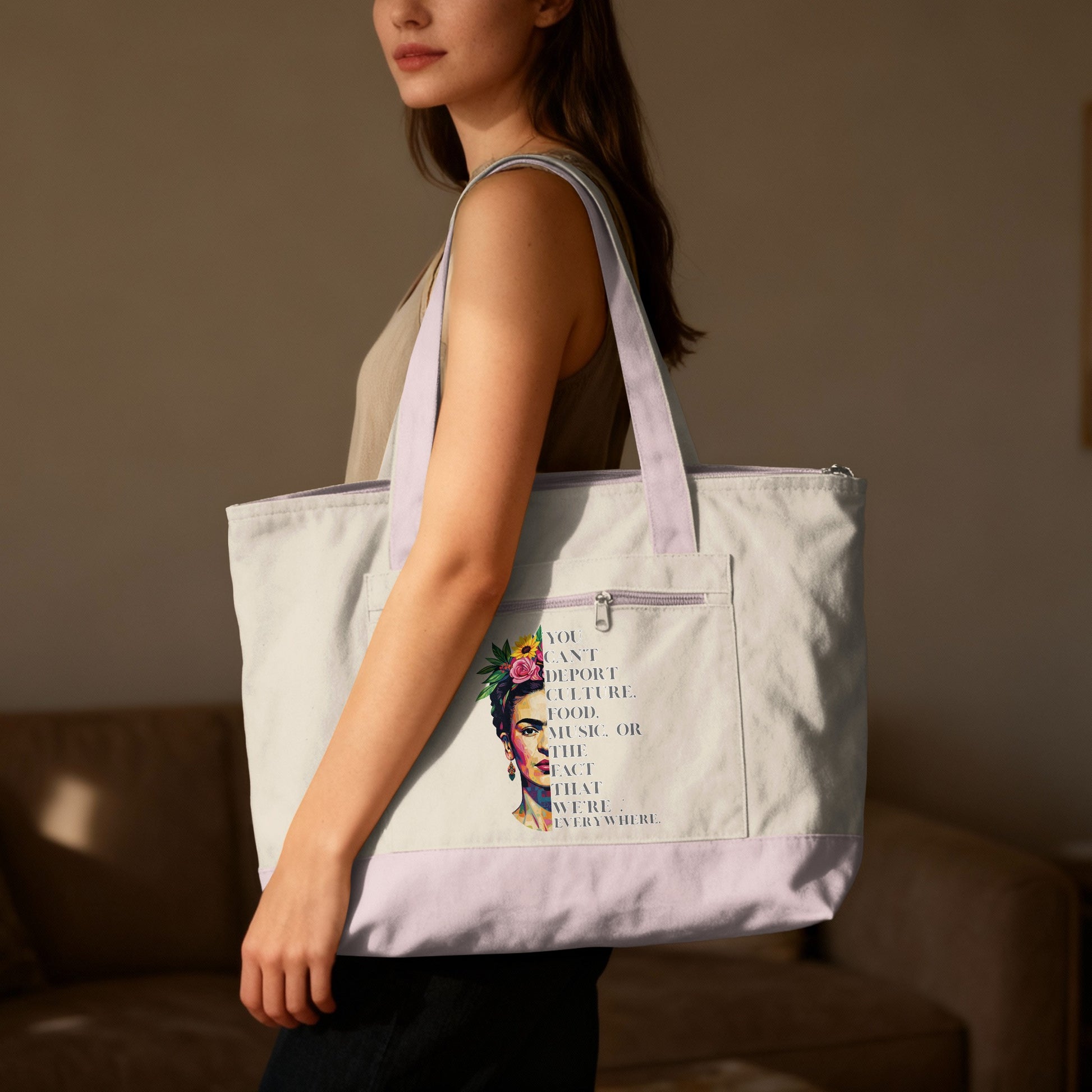 Tote bag with Frida Kahlo art and quote "You can't deport culture."