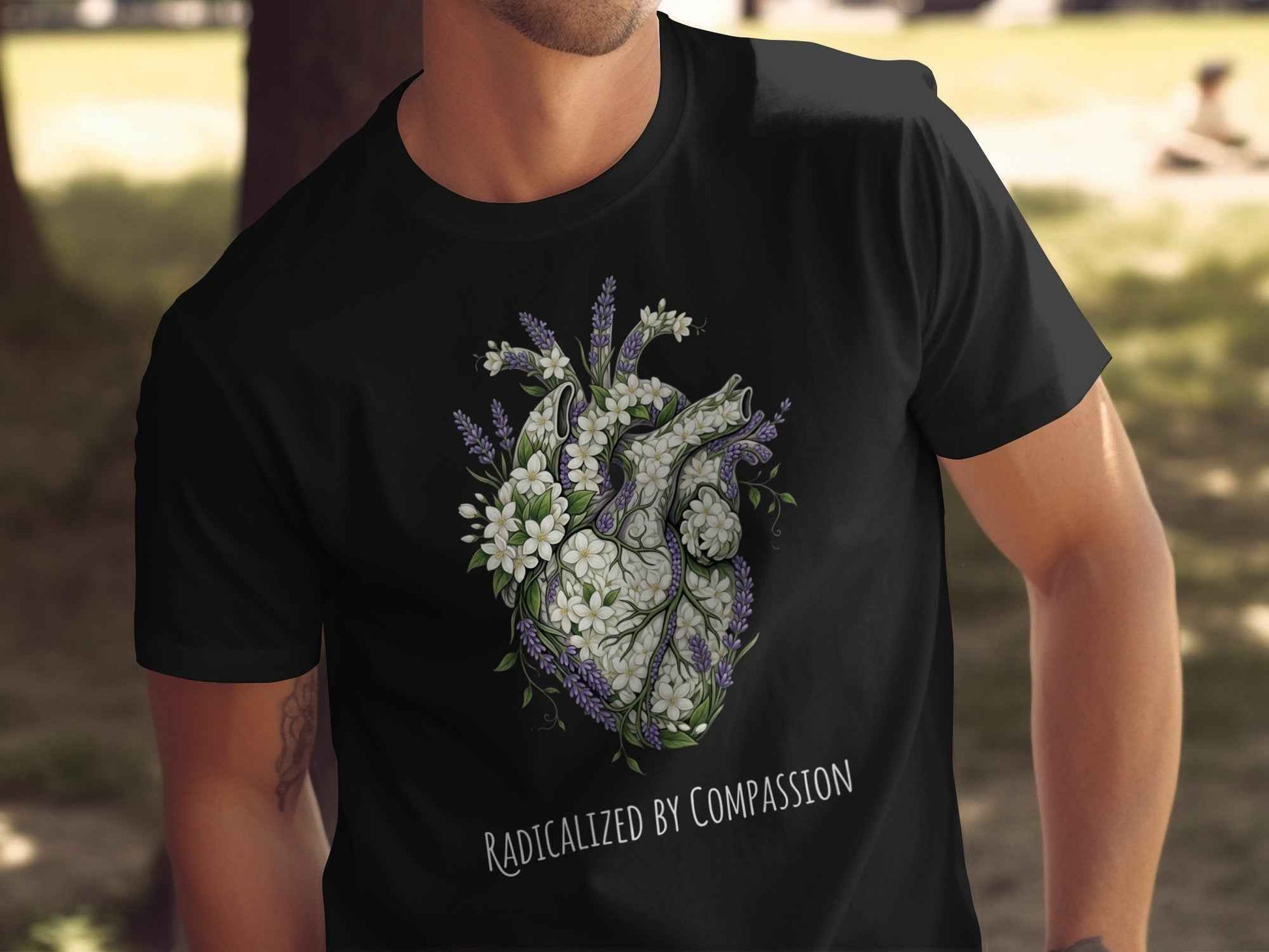 Botanical Anatomical Heart T-Shirts, Radicalized By Compassion Tee, Floral Lavender Jasmine Design, Empathy Kind Spirit Gift