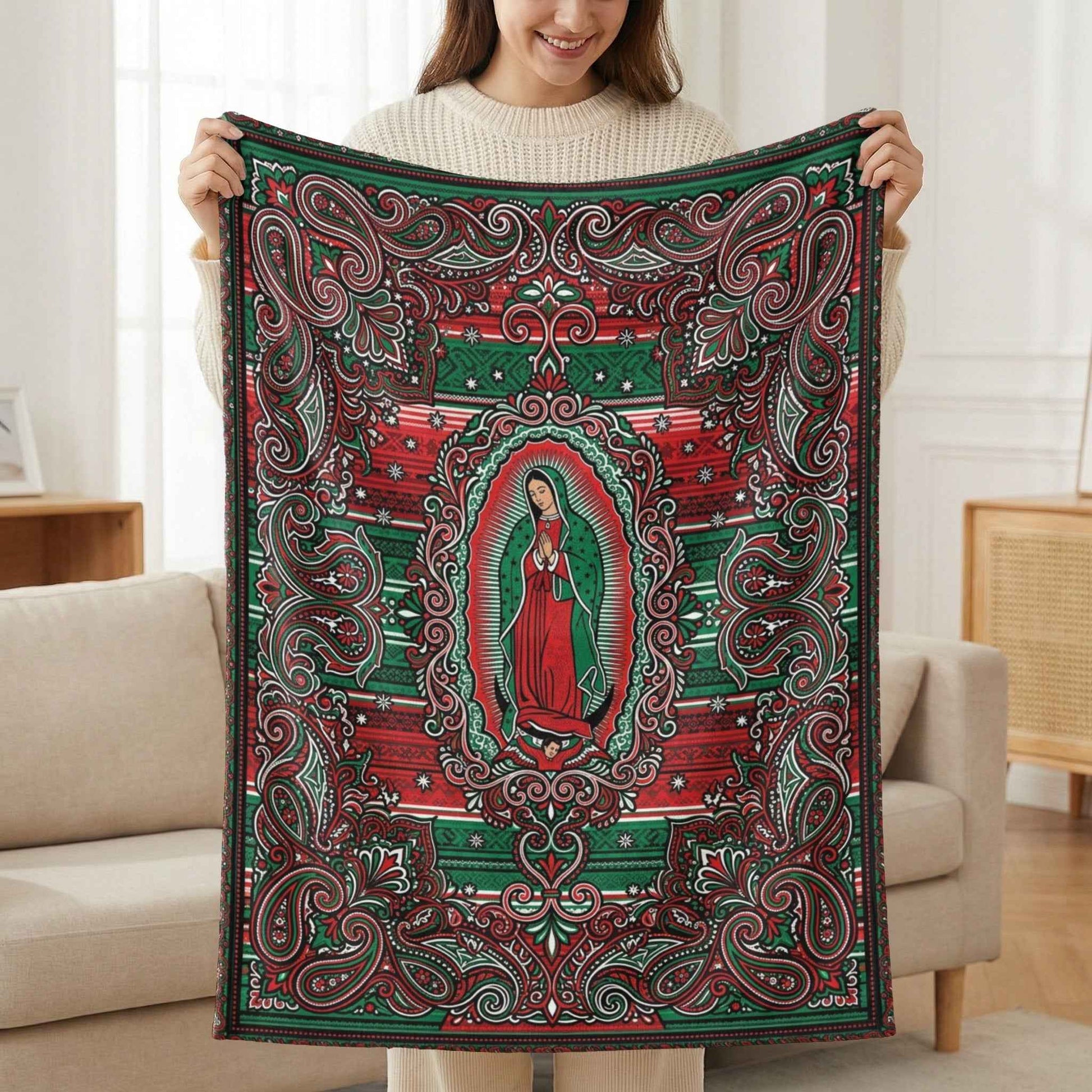 Our Lady of Guadalupe Blanket, Sacred Virgen de Guadalupe Art, Mexican Folk Art Design, Vibrant Red Green Paisley, Spiritual Home Decor