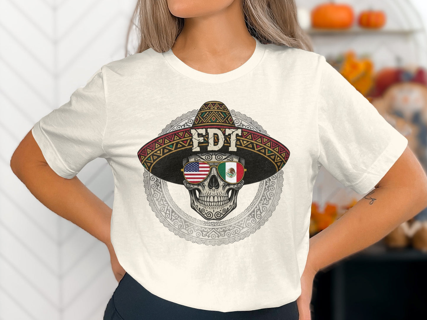 Patriotic Skull T-Shirt with USA and Mexico Flags Hat