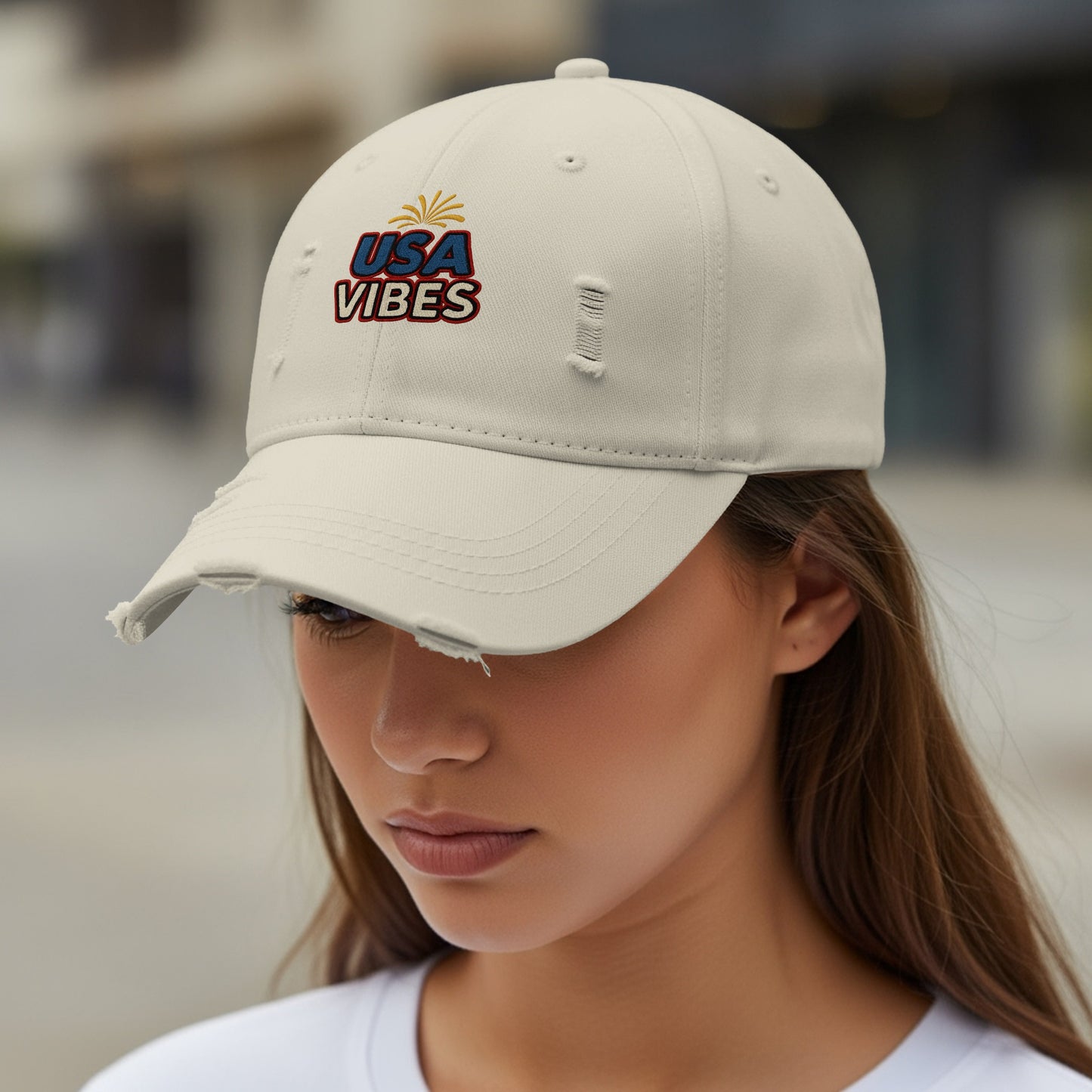 USA Vibes Embroidered Beige Distressed Cap product