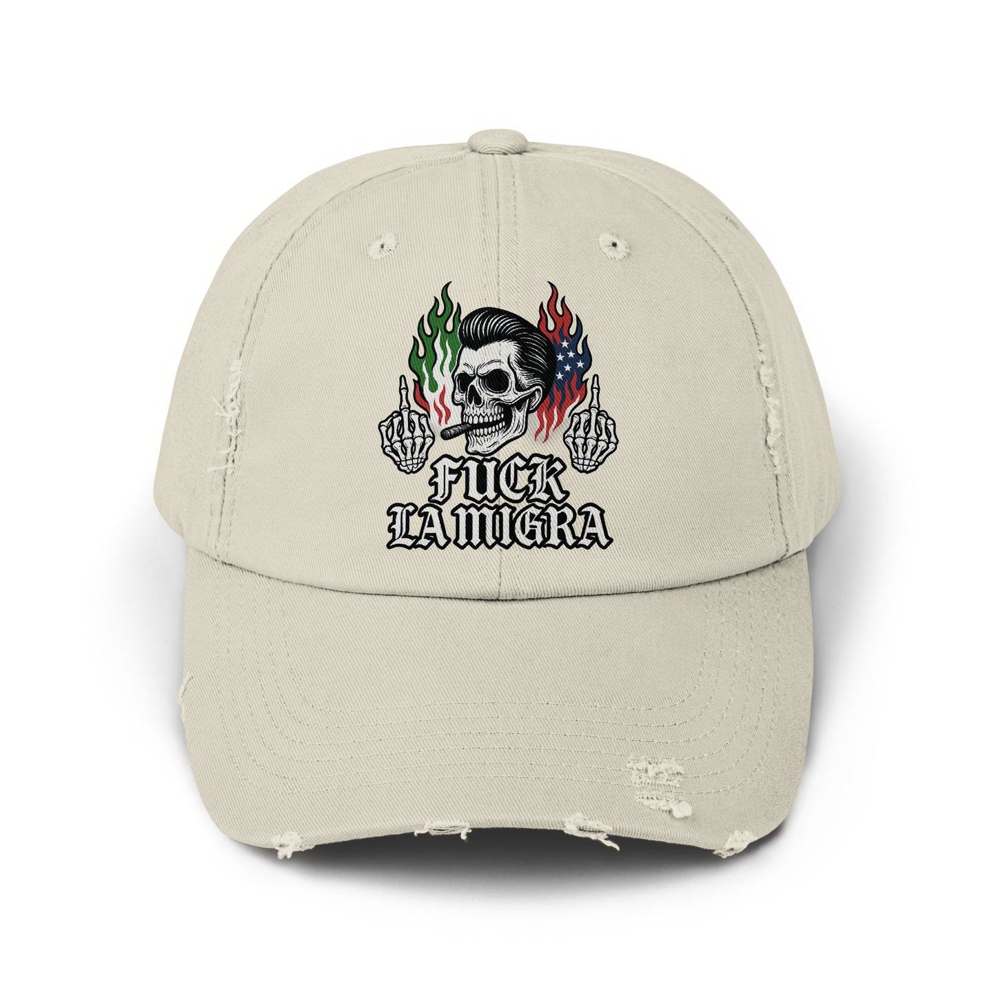 Distressed Skull Flame Design Fuck La Migra Hat product