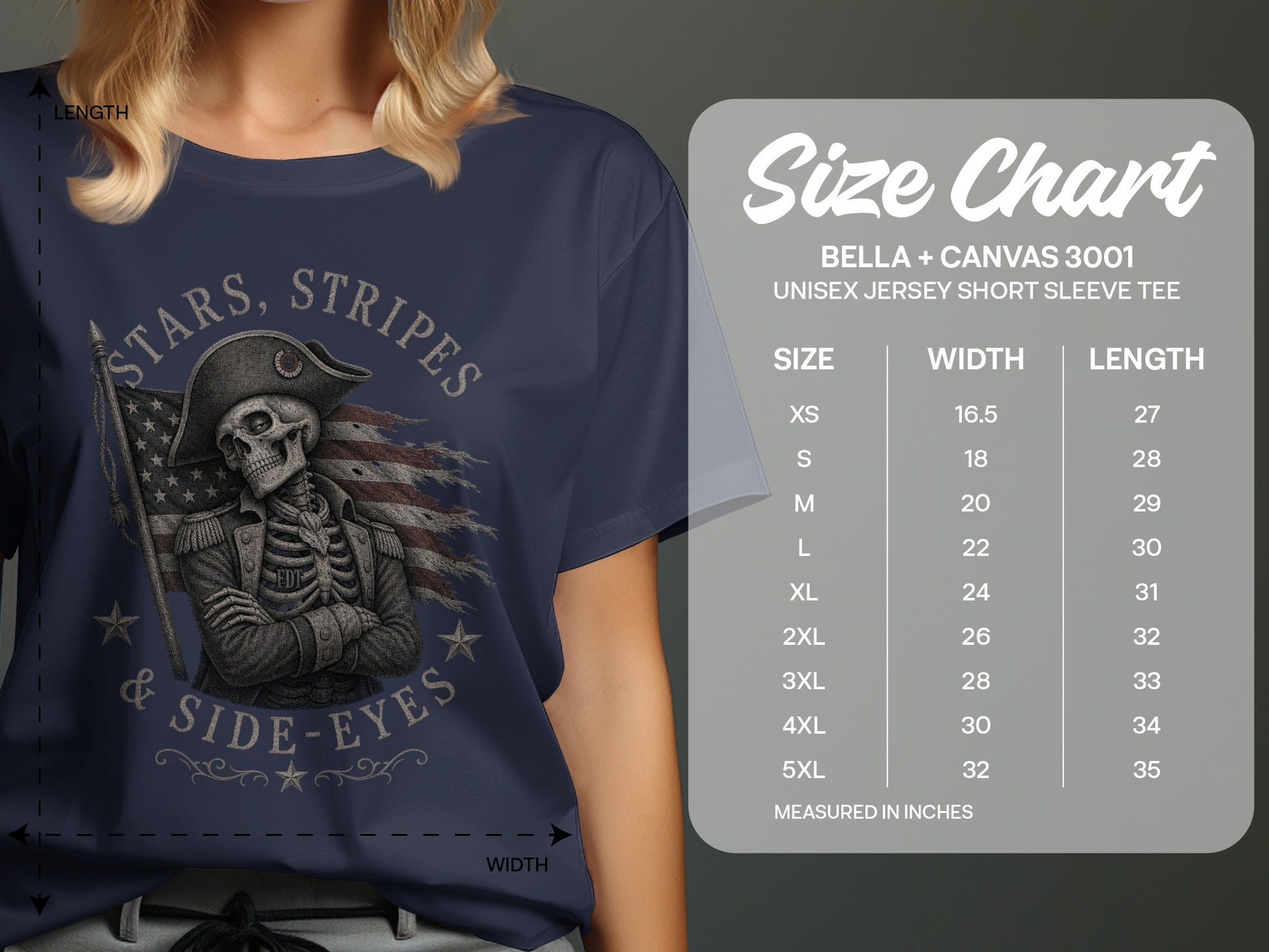 Unisex t-shirt size chart with skull graphic wearing American flag bandana.