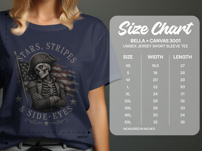 Unisex t-shirt size chart with skull graphic wearing American flag bandana.