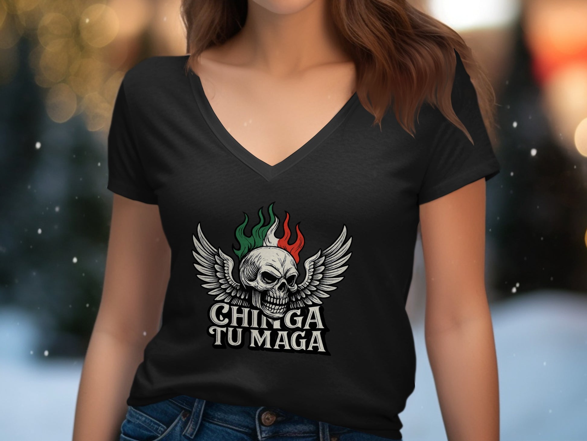 Chinga Tu Maga Skull Wings Graphic V-Neck T-Shirt product