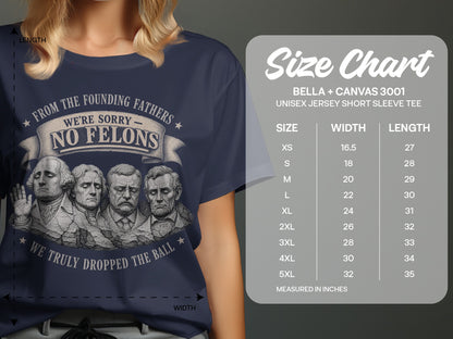 T-shirt with Founding Fathers graphic and "No Felons" text, alongside a size chart.