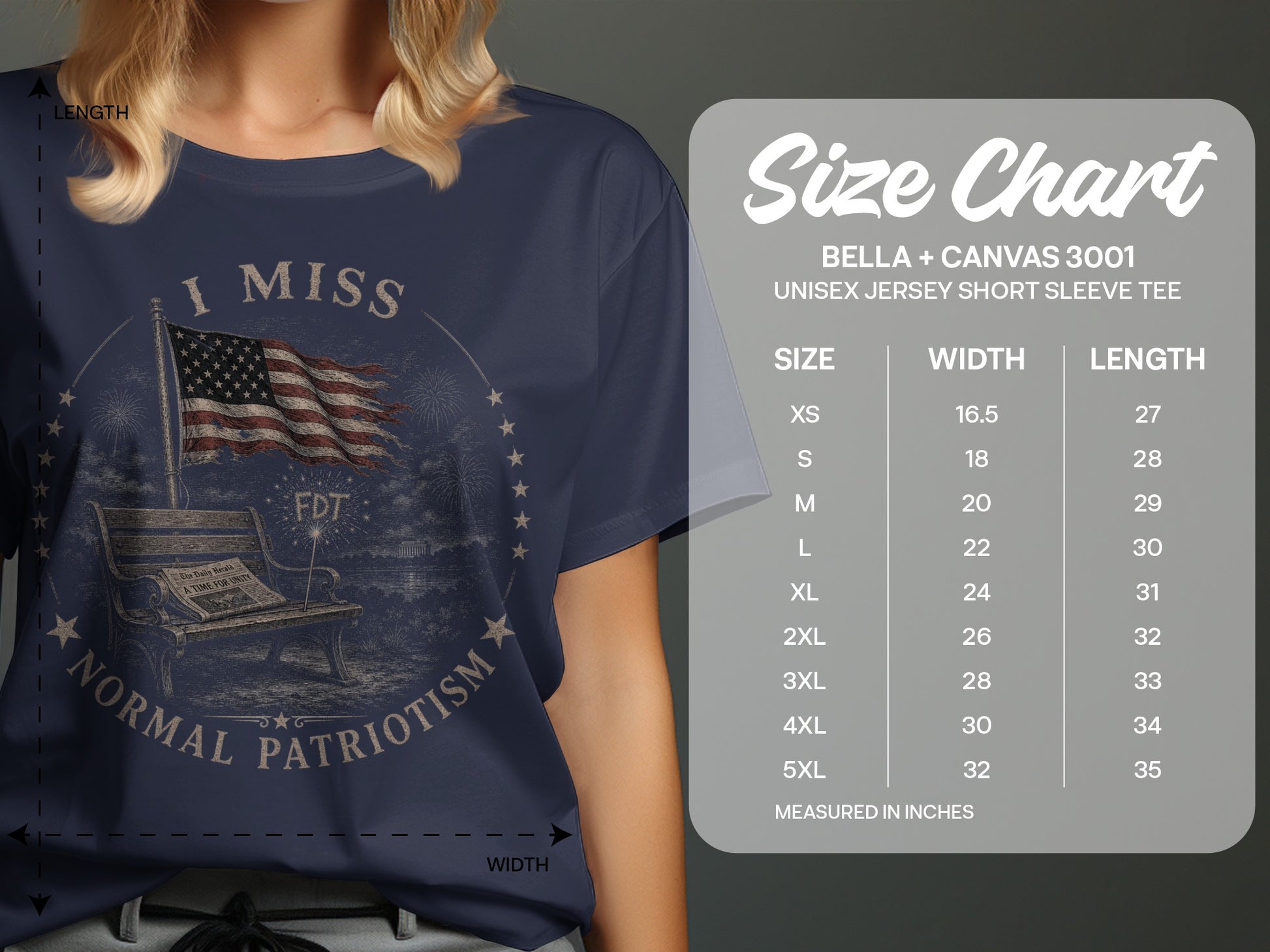 T-shirt size chart for Bella + Canvas 3001 with measurements.