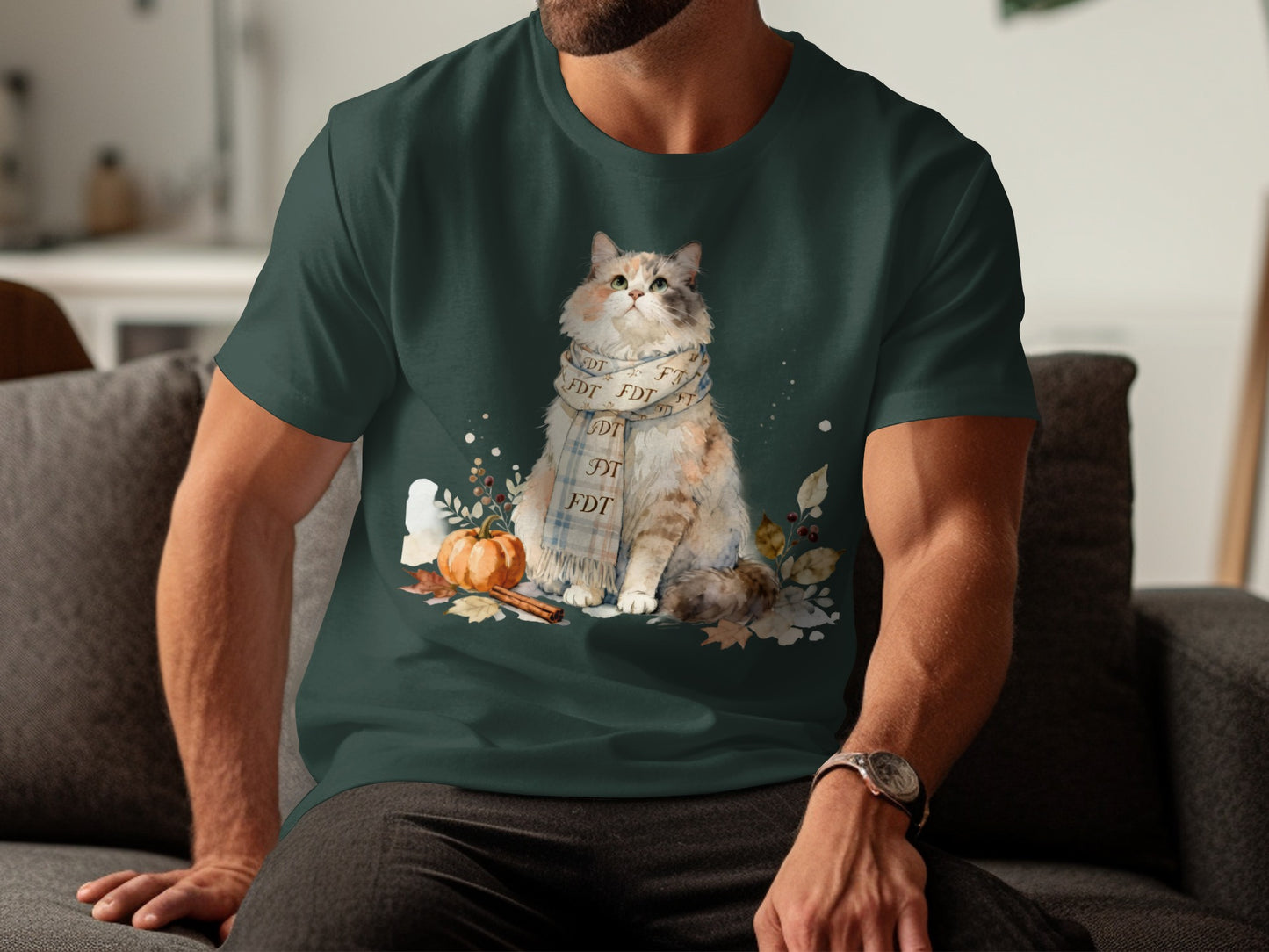 Adorable Cat with Scarf Autumn Design T-Shirt