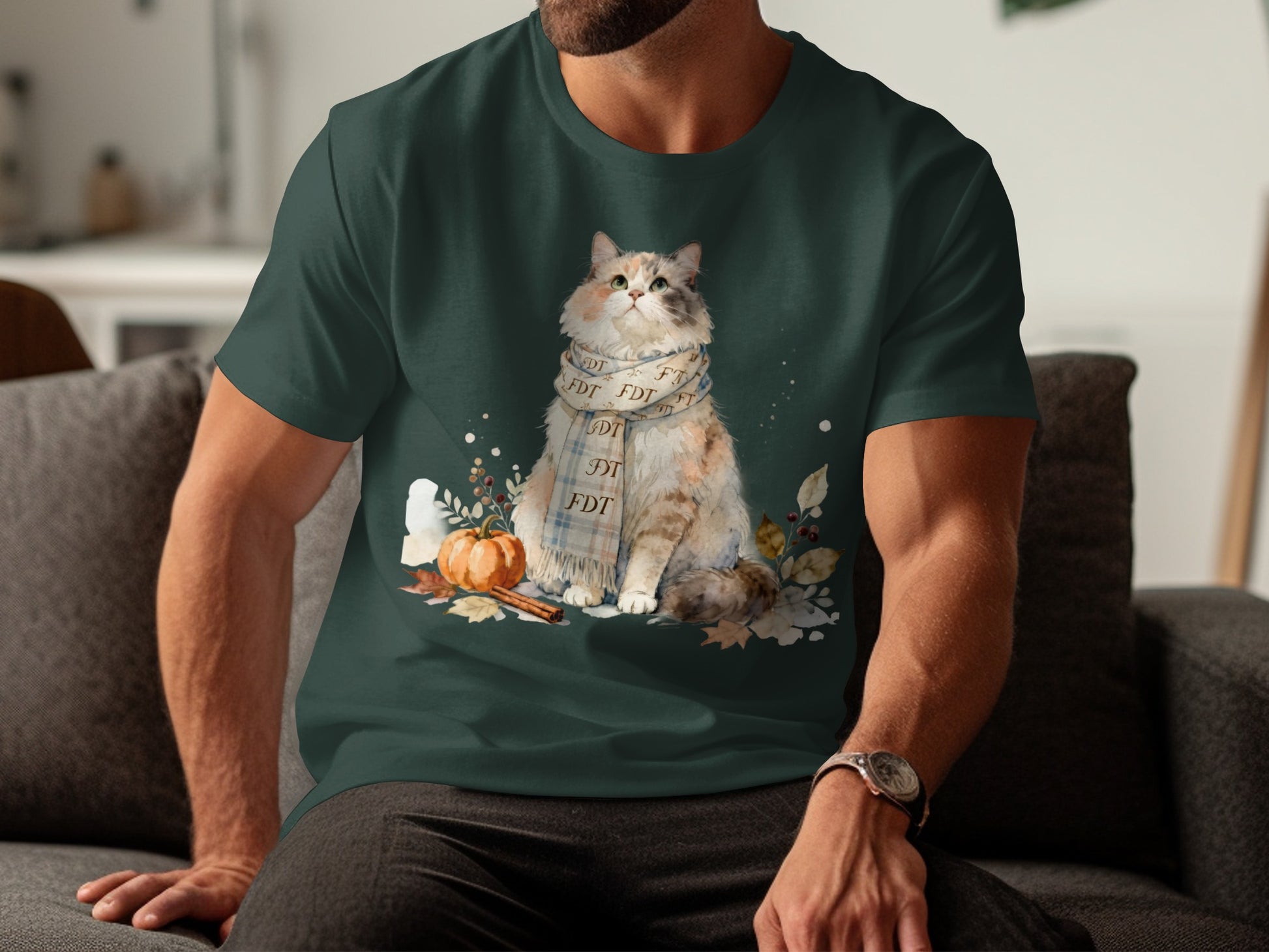 Adorable Cat with Scarf Autumn Design T-Shirt