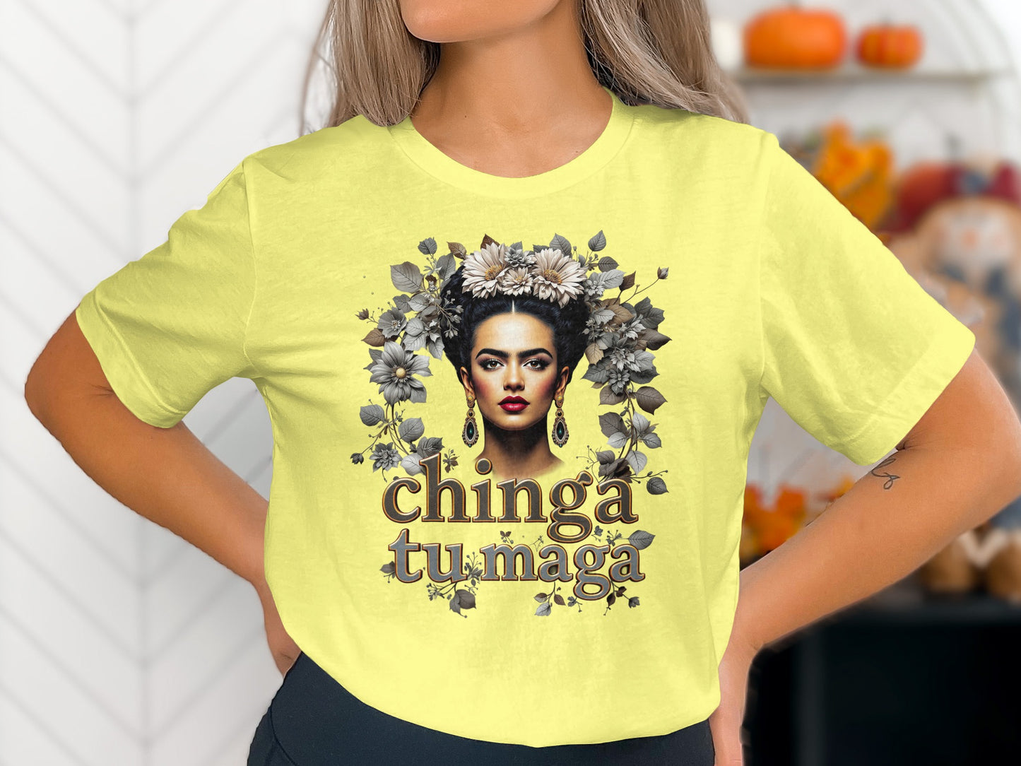 Vibrant Floral Graphic Tee with Unique Portrait