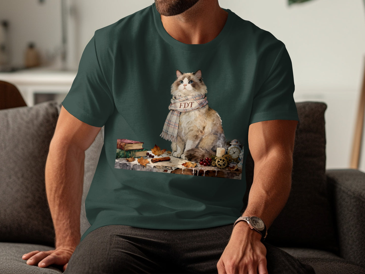 Cozy Cat Autumn Scene with Pumpkins Printed Shirt