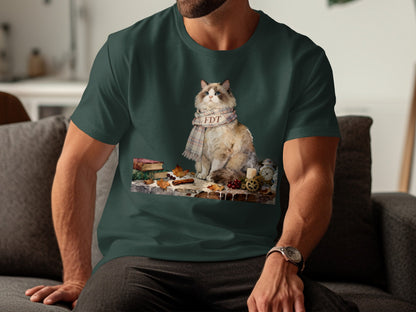 Cozy Cat Autumn Scene with Pumpkins Printed Shirt