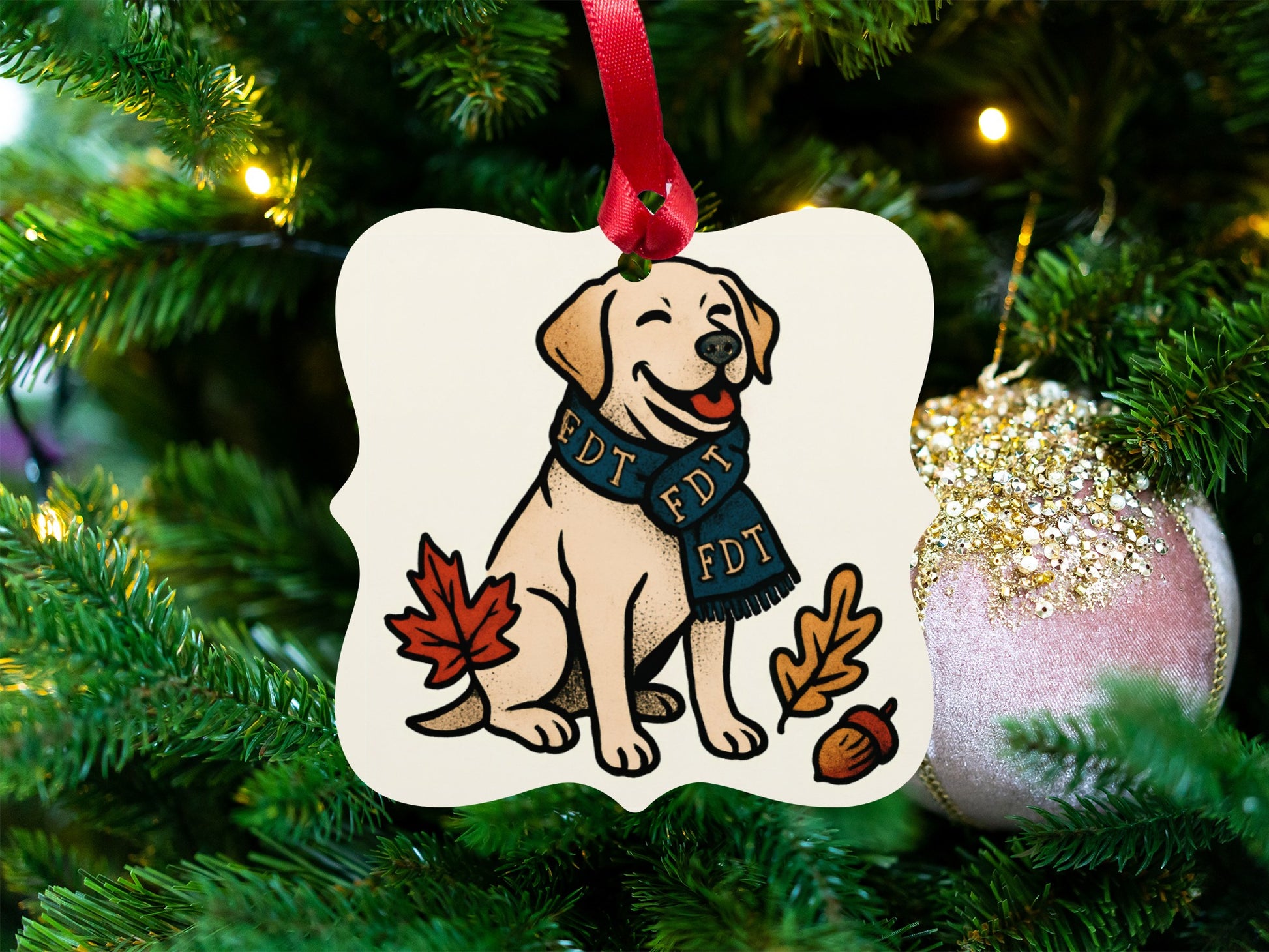 Smiling Dog With Scarf Holiday Ornament