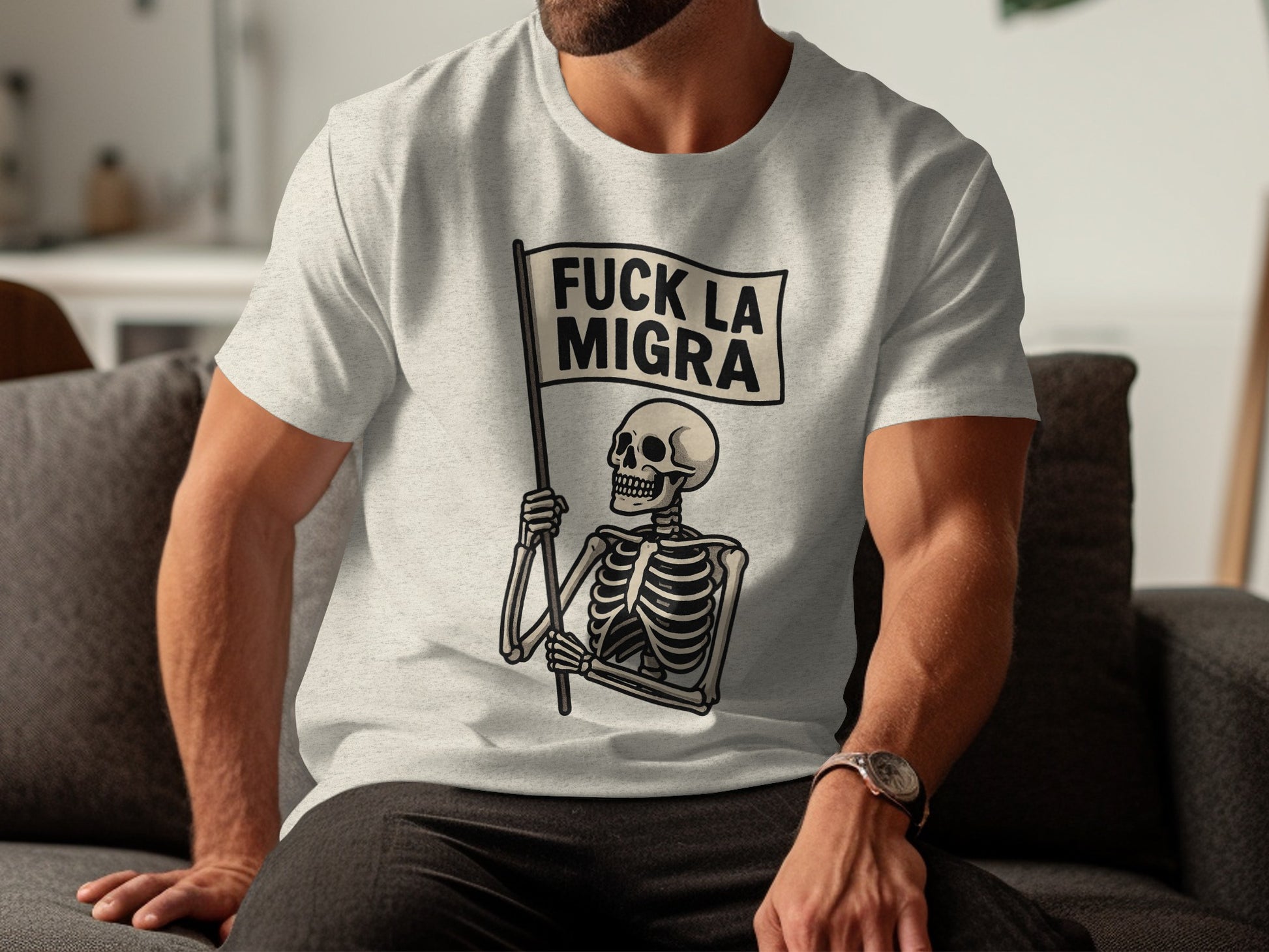 Fuck La Migra Skeleton Holding Flag T-Shirt product