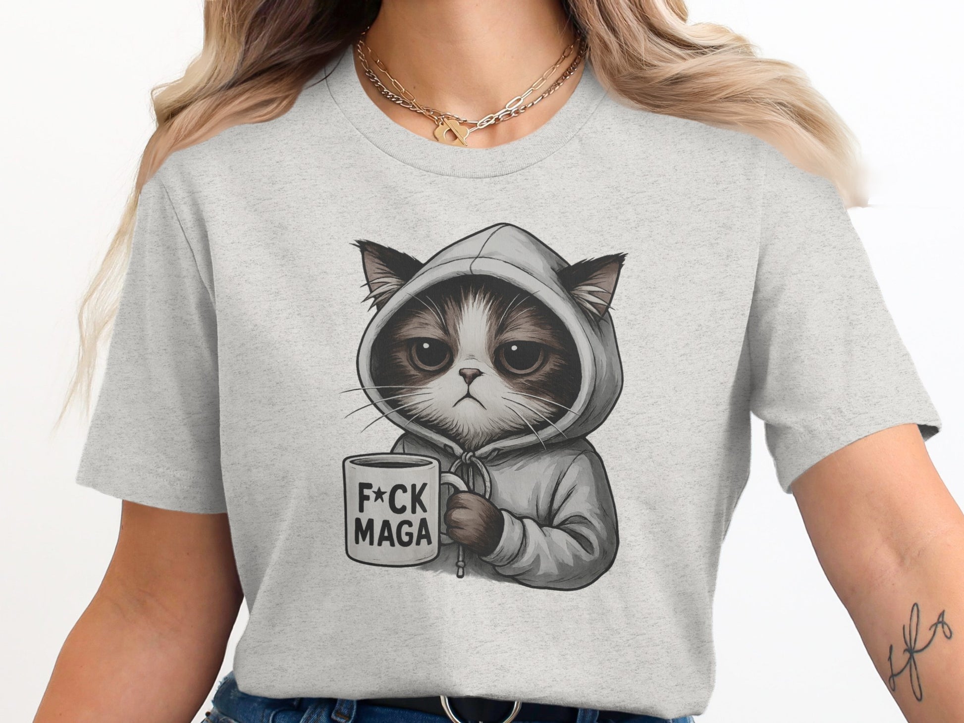 Hoodie Cat with F*ck MAGA Coffee Mug Graphic T-Shirt