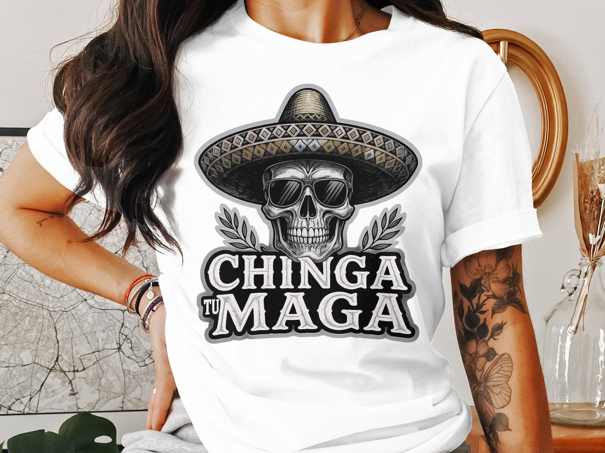 Chinga Tu Maga Skull with Sombrero T-Shirt product