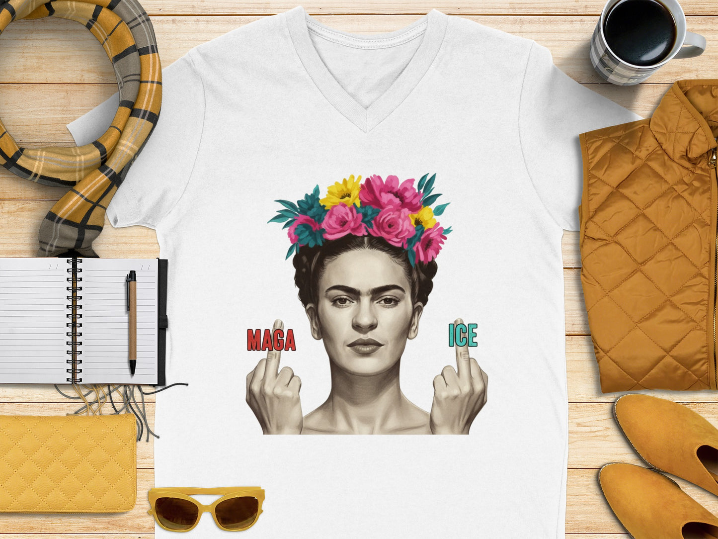 Artful Frida Kahlo Shirt with Colorful Floral Accent