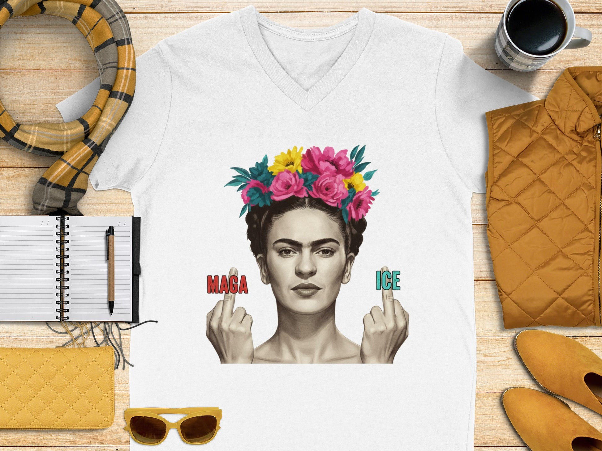 Artful Frida Kahlo Shirt with Colorful Floral Accent