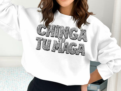 Chinga Tu Maga Stylish White Graphic Sweatshirt
