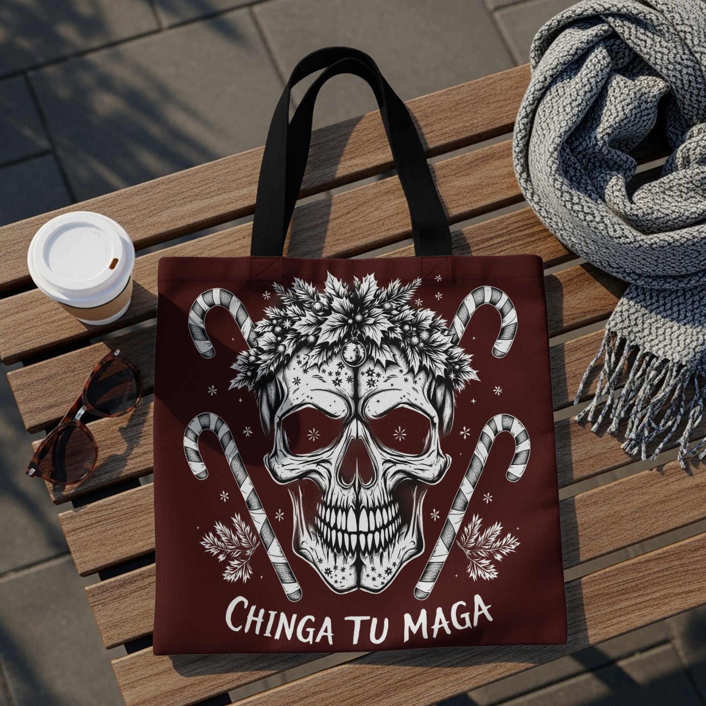 Chinga Tu Maga Skull with Candy Canes Tote Bag
