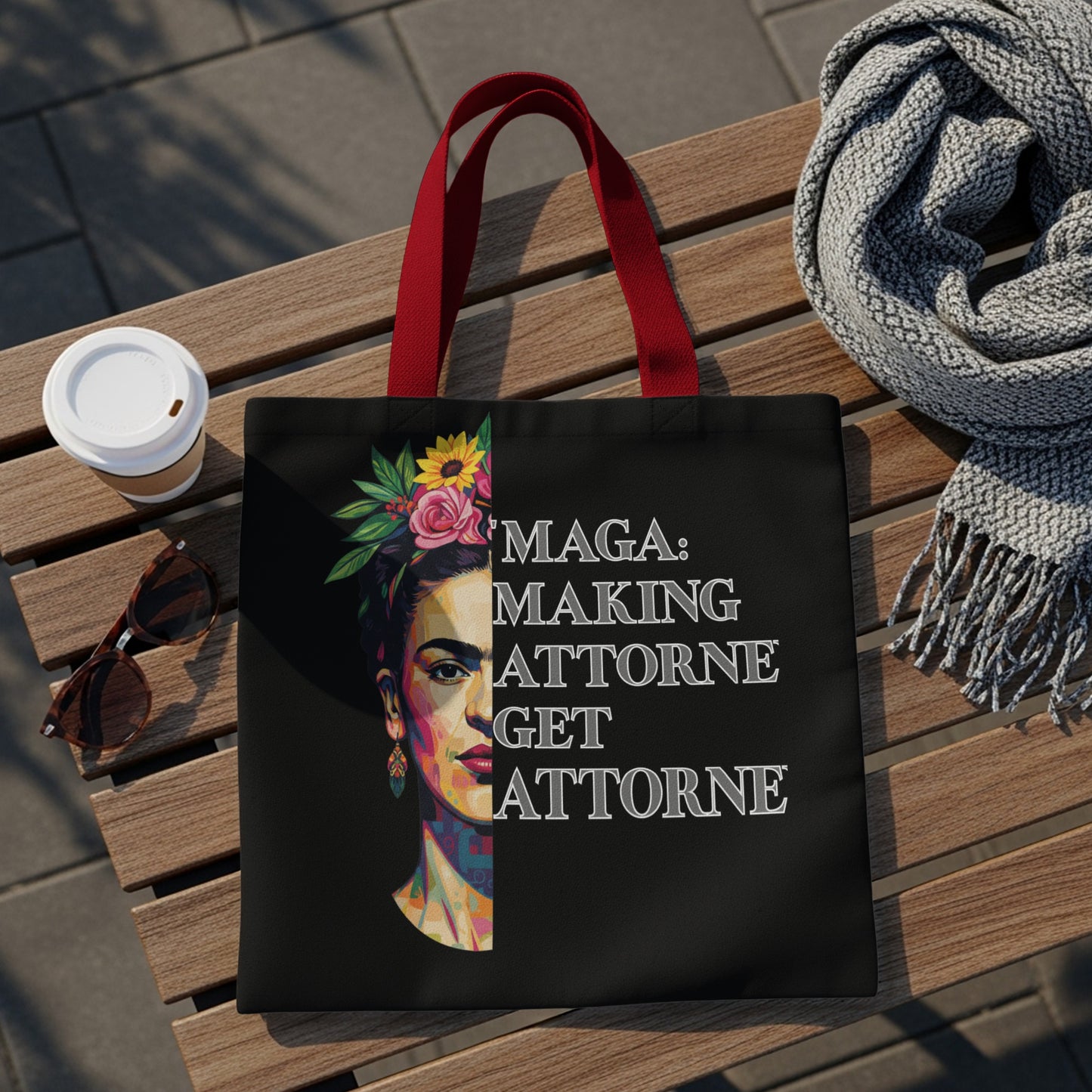 Tote bag with Frida Kahlo portrait and "MAGA: Making Attorney Get Attorney" text.