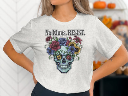 No Kings RESIST Skull with Flowers Graphic T-shirt