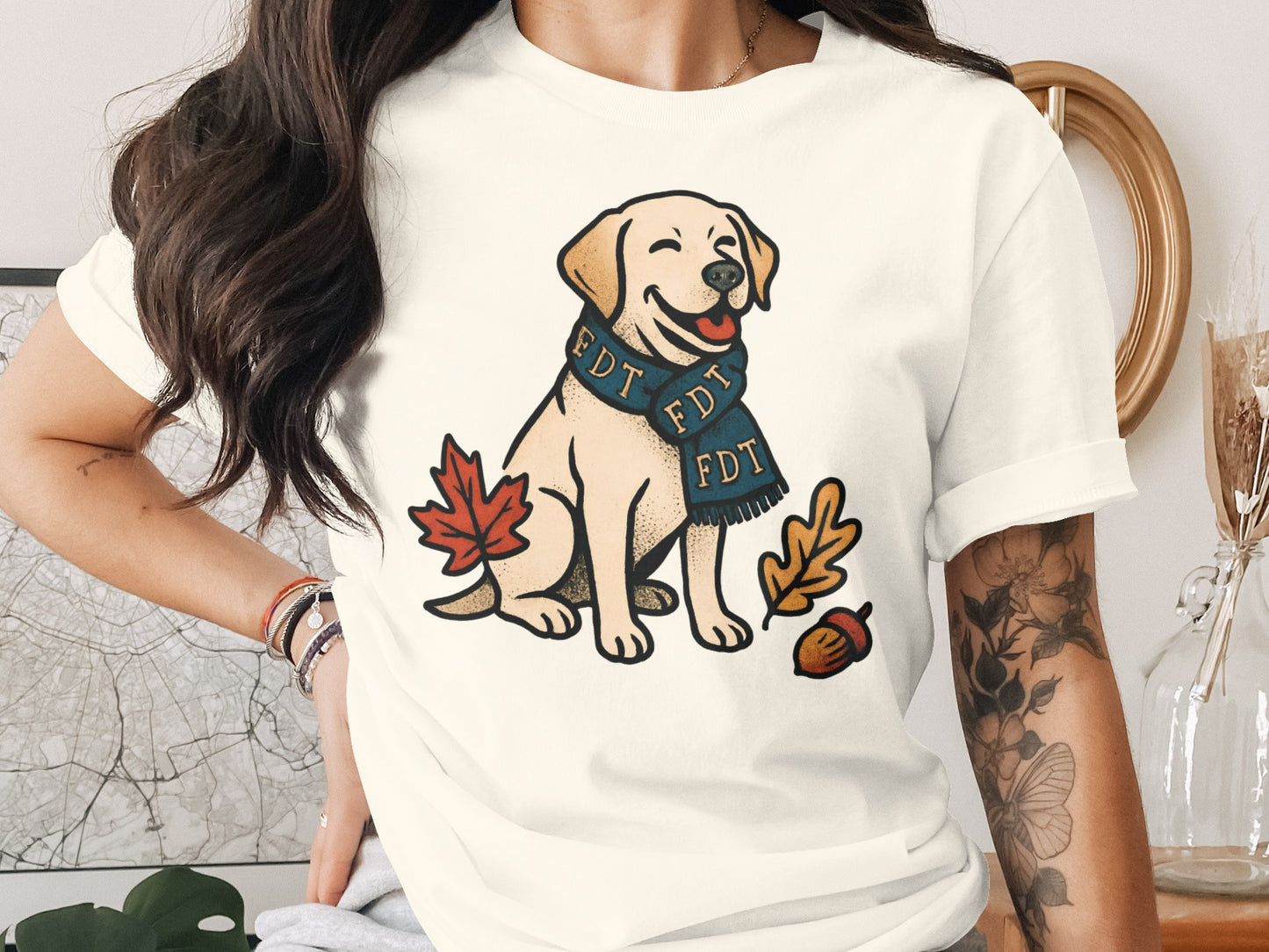 Cute Smiling Dog with Leaves and Acorn Illustration Shirt