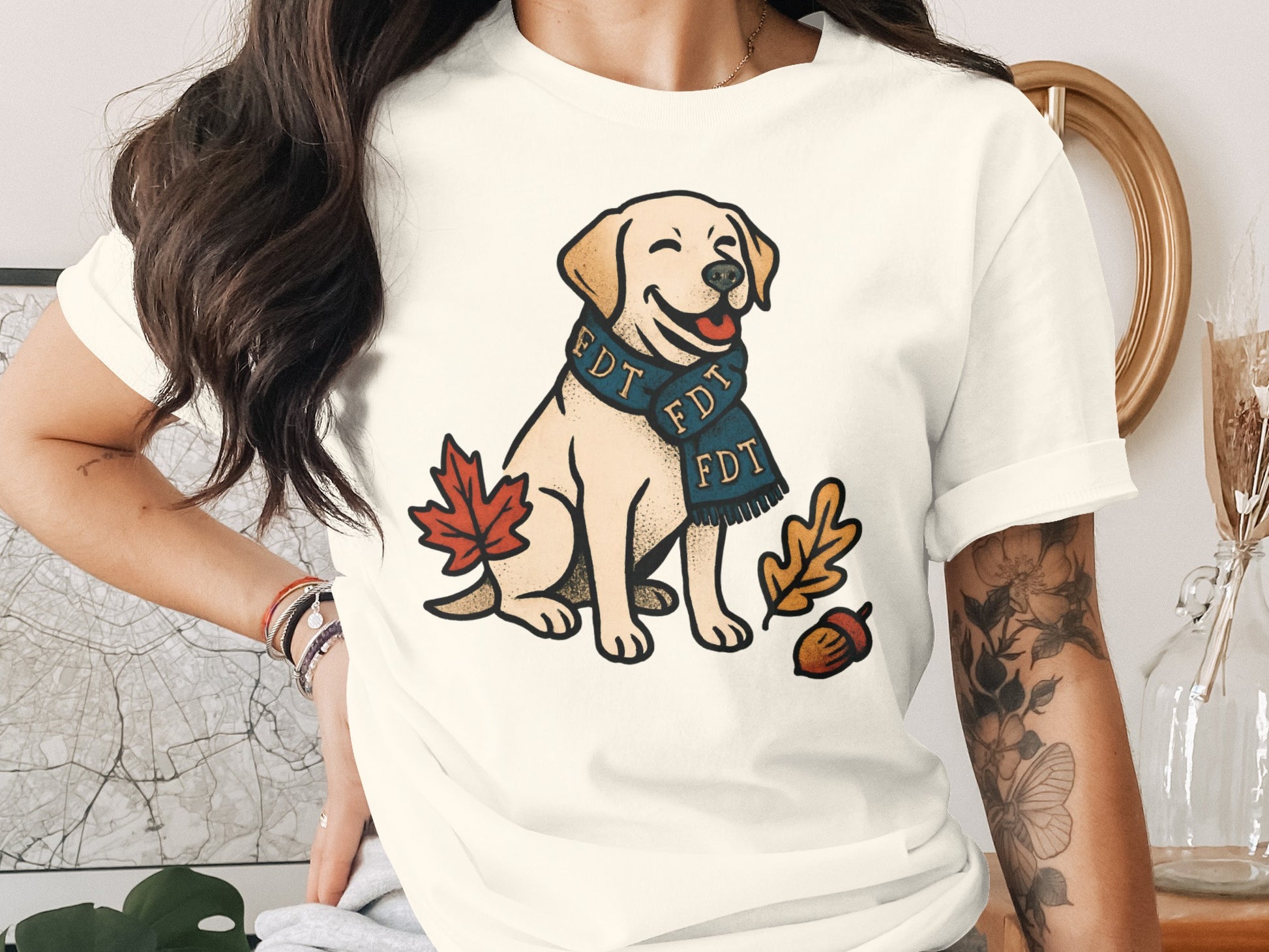 Cute Smiling Dog with Leaves and Acorn Illustration Shirt