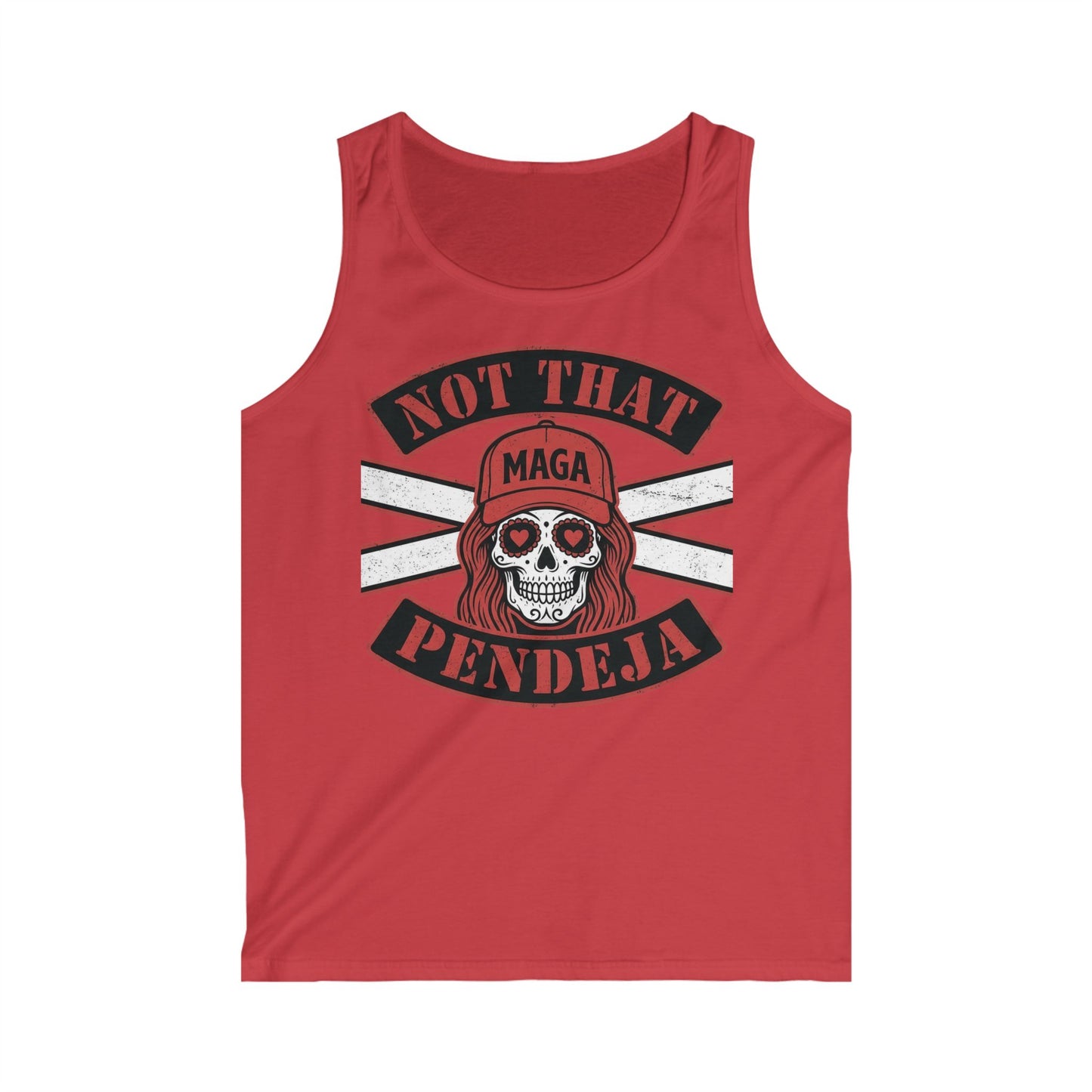 Red tank top with skull wearing a hat, "Not That MAGA Pendeja" text.