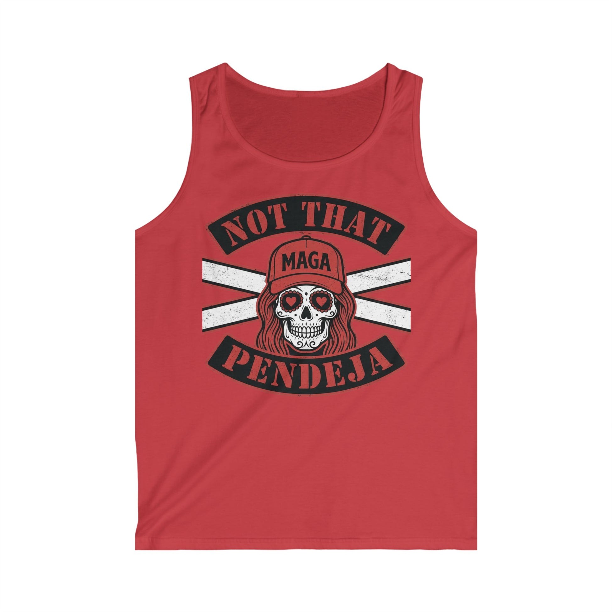 Red tank top with skull wearing a hat, "Not That MAGA Pendeja" text.