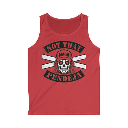 Red tank top with skull wearing a hat, "Not That MAGA Pendeja" text.